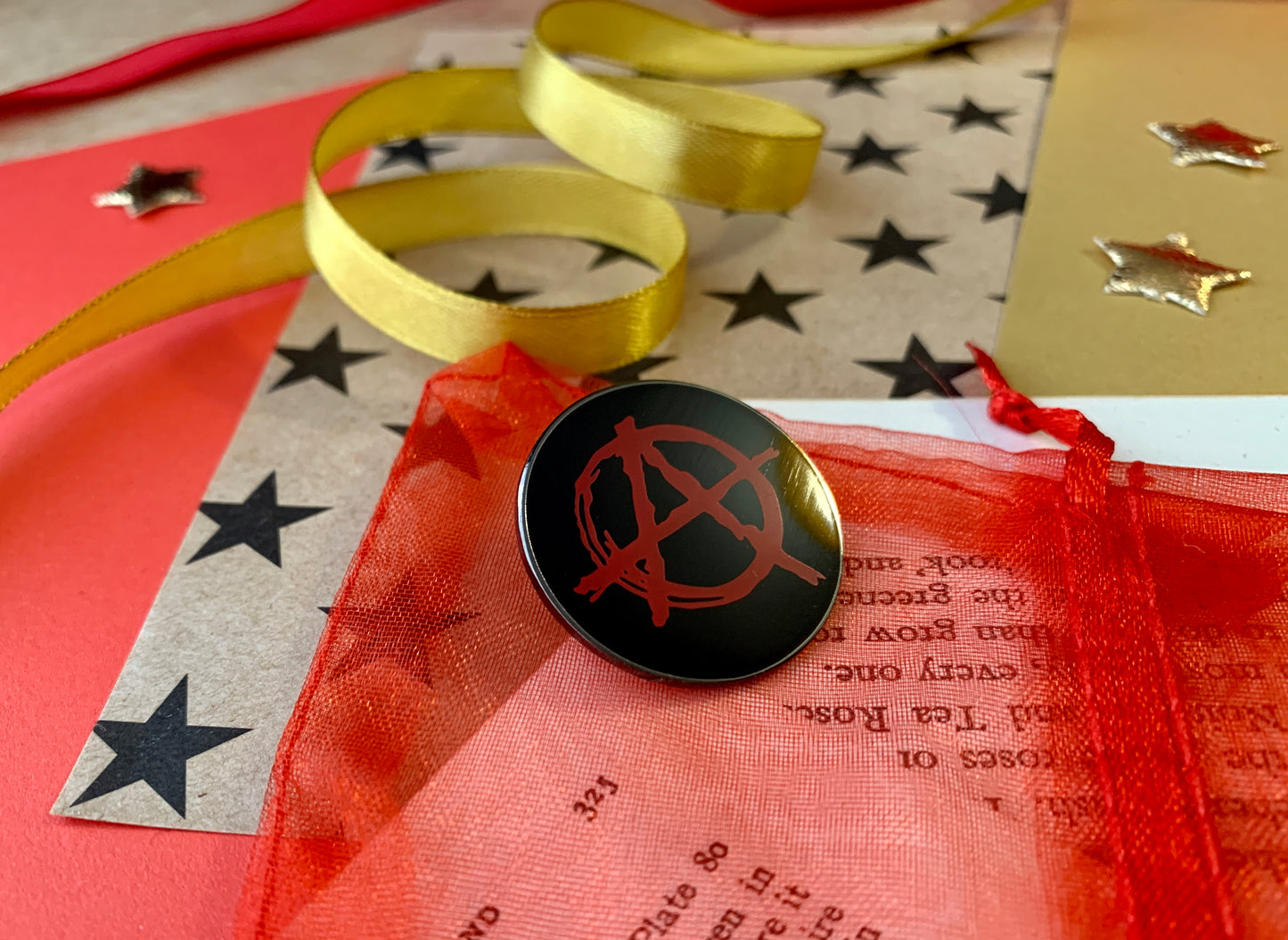 Red Anarchy A on Black Background Metal Pin Badge