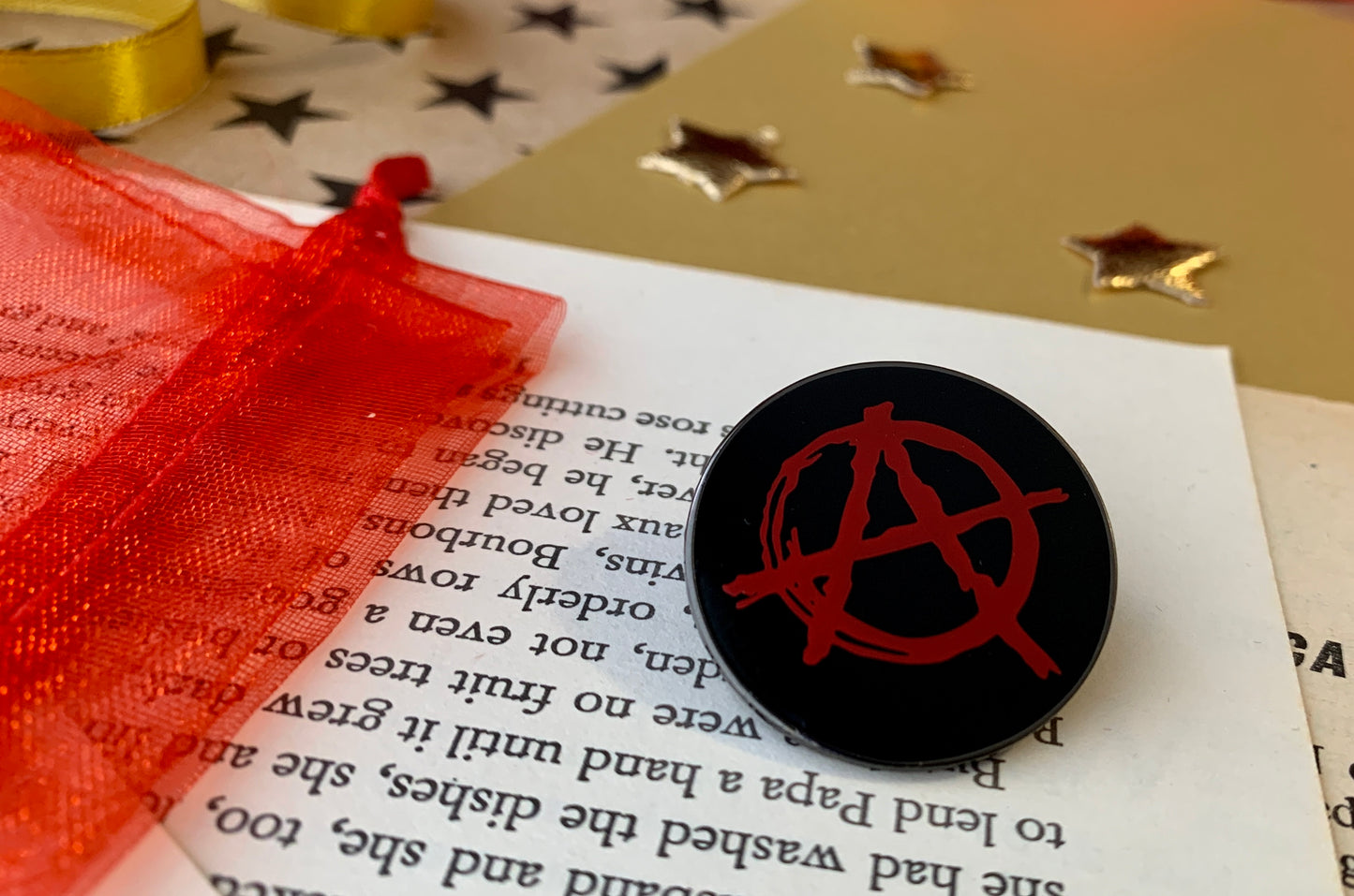 Red Anarchy A on Black Background Metal Pin Badge