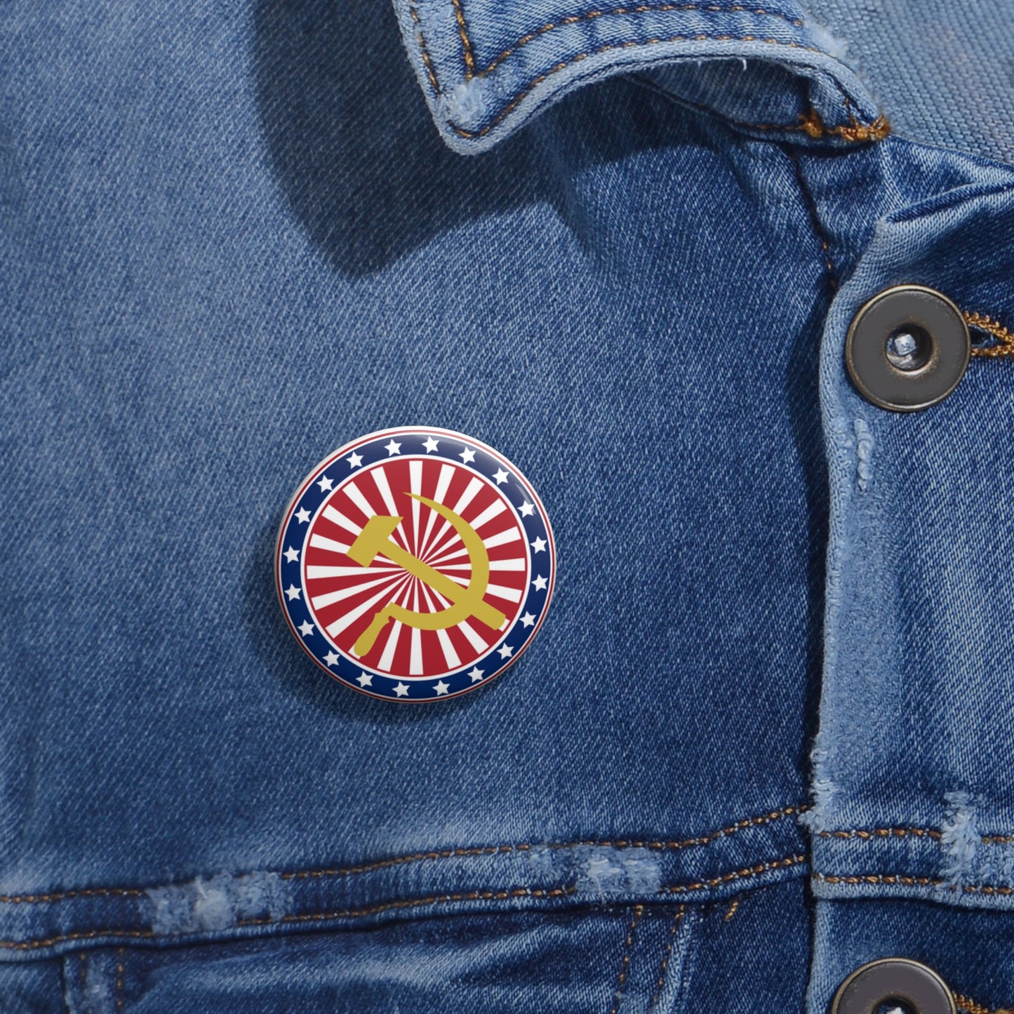 American Stars and Stripes with Hammer and Sickle Socialist Communist Custom Pin Badge Button