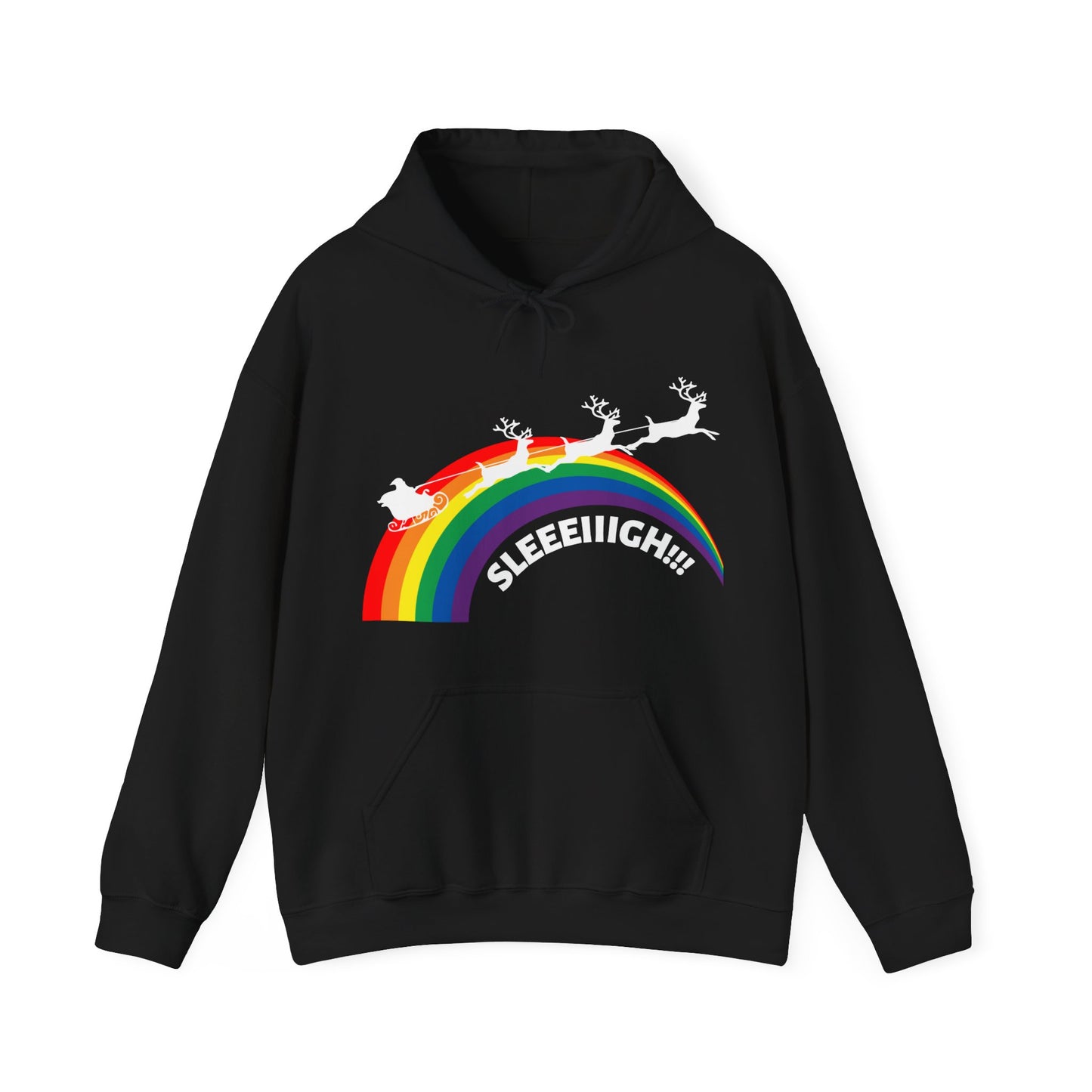 Santa with Reindeer and Sleigh LGBTQ Plus Rainbow Sleeeiiigh! Gay Christmas Hoodie Unisex Heavy Blend™ Hooded Sweatshirt