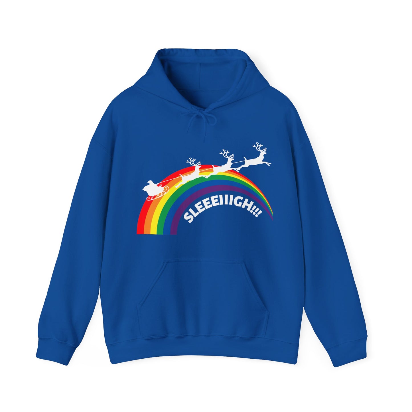 Santa with Reindeer and Sleigh LGBTQ Plus Rainbow Sleeeiiigh! Gay Christmas Hoodie Unisex Heavy Blend™ Hooded Sweatshirt