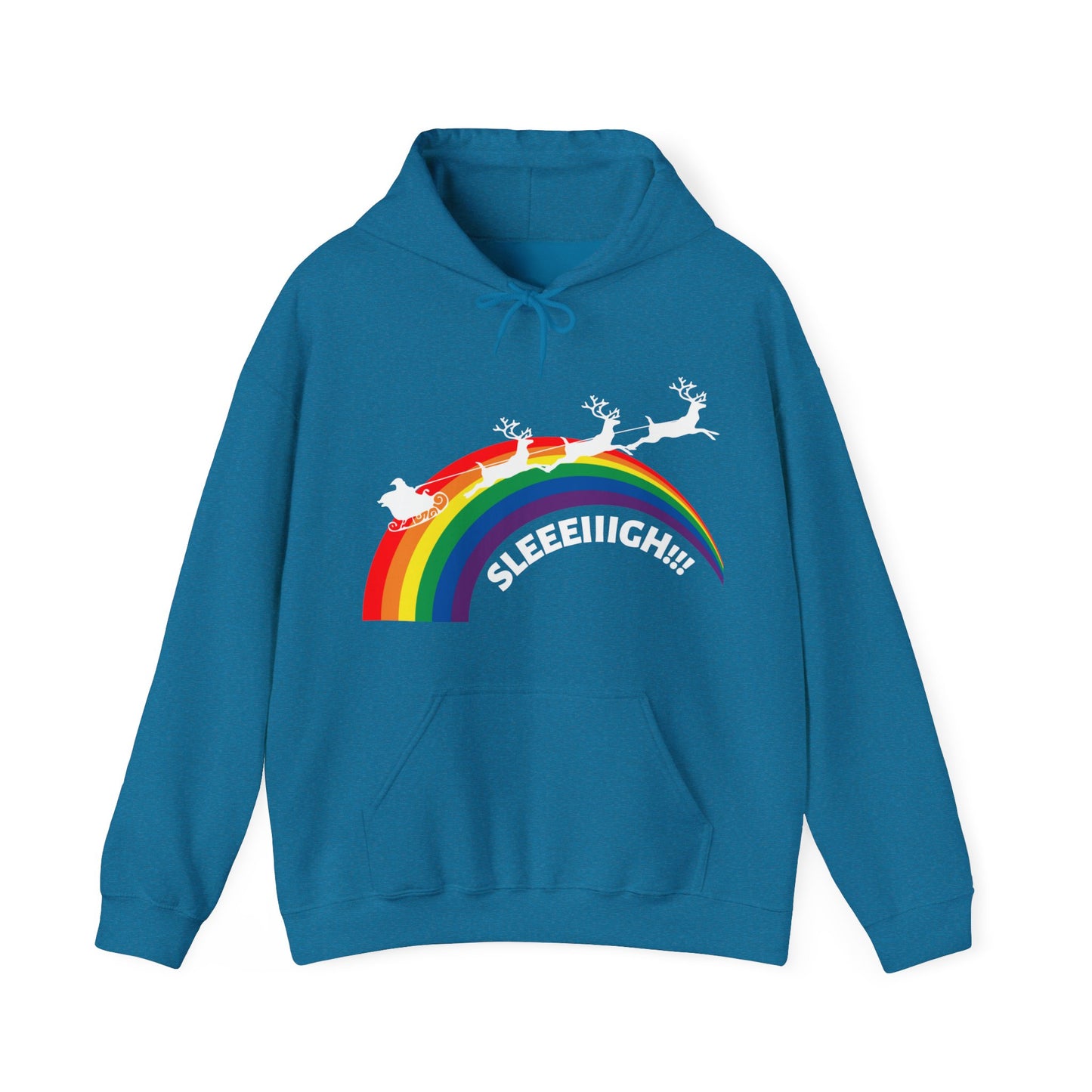 Santa with Reindeer and Sleigh LGBTQ Plus Rainbow Sleeeiiigh! Gay Christmas Hoodie Unisex Heavy Blend™ Hooded Sweatshirt