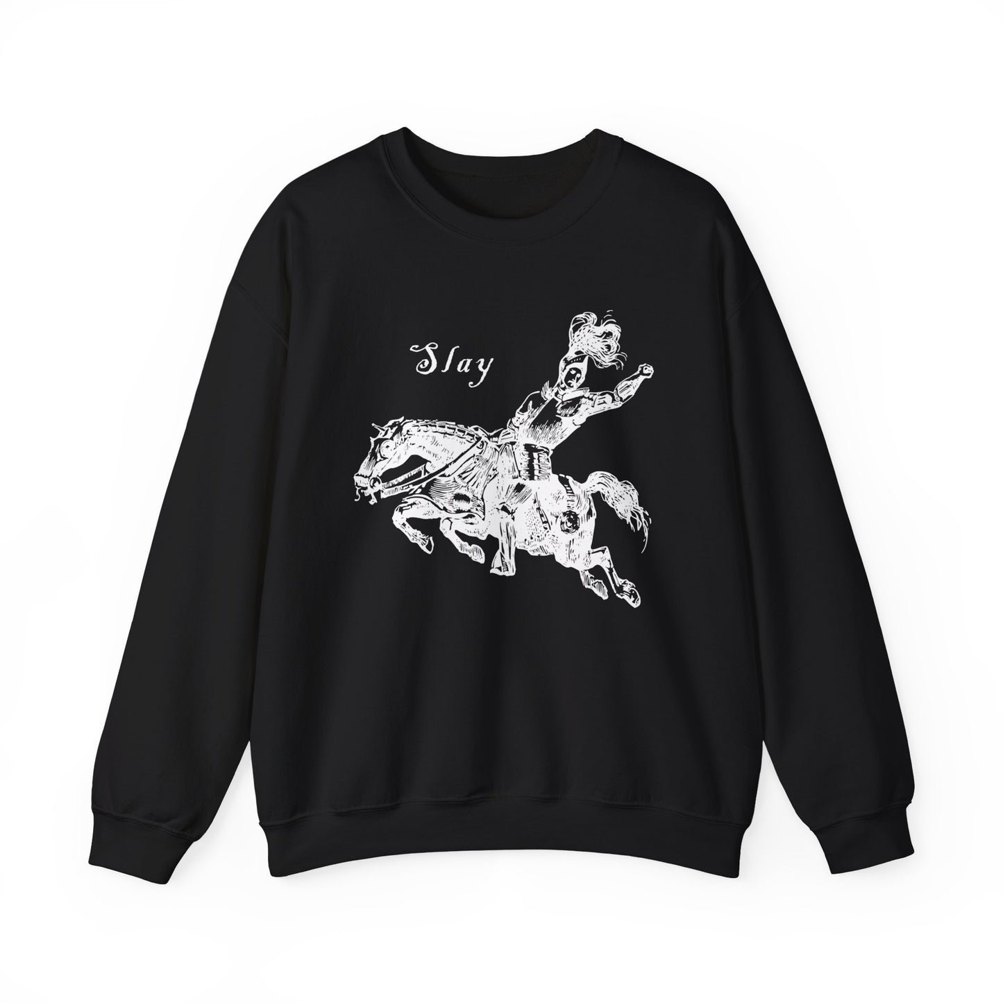 LGBTQ Plus Slay Knight on Galloping Charger Gay Lesbian Bi Trans Queer Warrior and Horse Medieval Print Heavy Blend™ Crewneck Sweatshirt