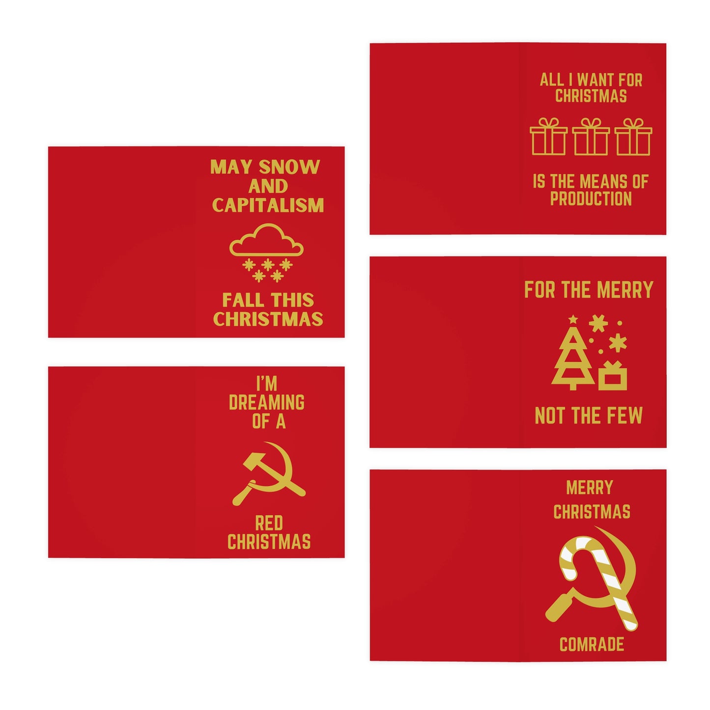 Leftist Christmas Hammer and Sickle Communist Tree Red Christmas Socialist Candy Cane Multi-Design Christmas Cards (5-Pack)