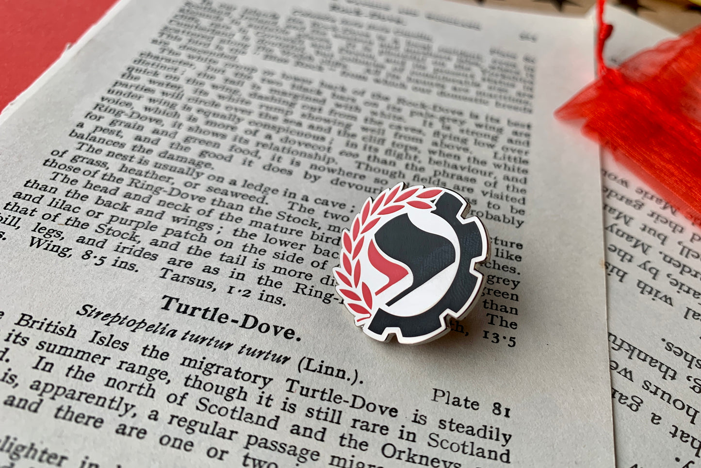 Leftist Anarcho-Syndicalist Black and Red Flags with Cog and Laurel Border Metal Pin Badge