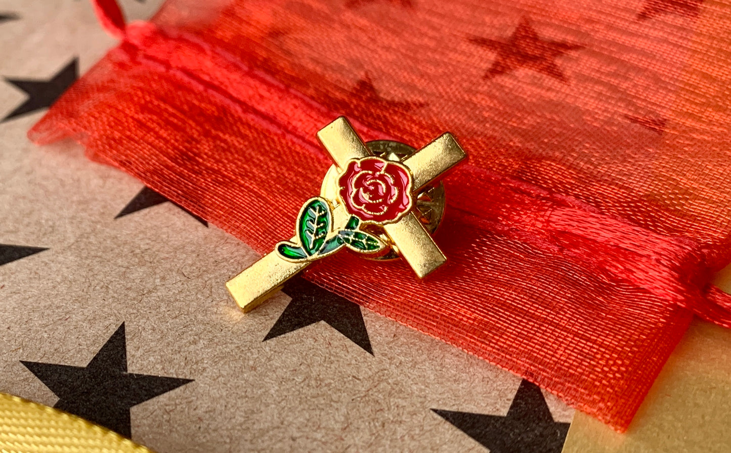 Christian Socialist Cross with Red Rose Antique Style Effect Leftist Enamel Pin Badge