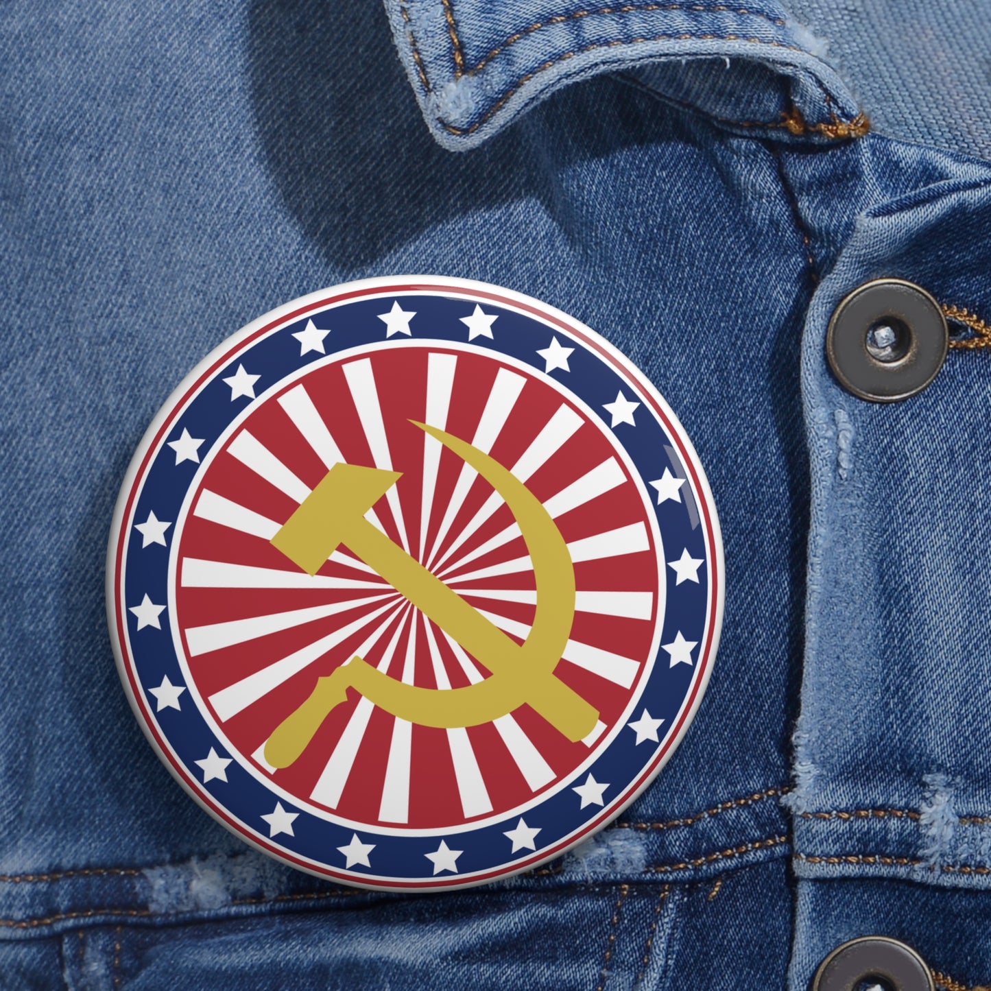 American Stars and Stripes with Hammer and Sickle Socialist Communist Custom Pin Badge Button