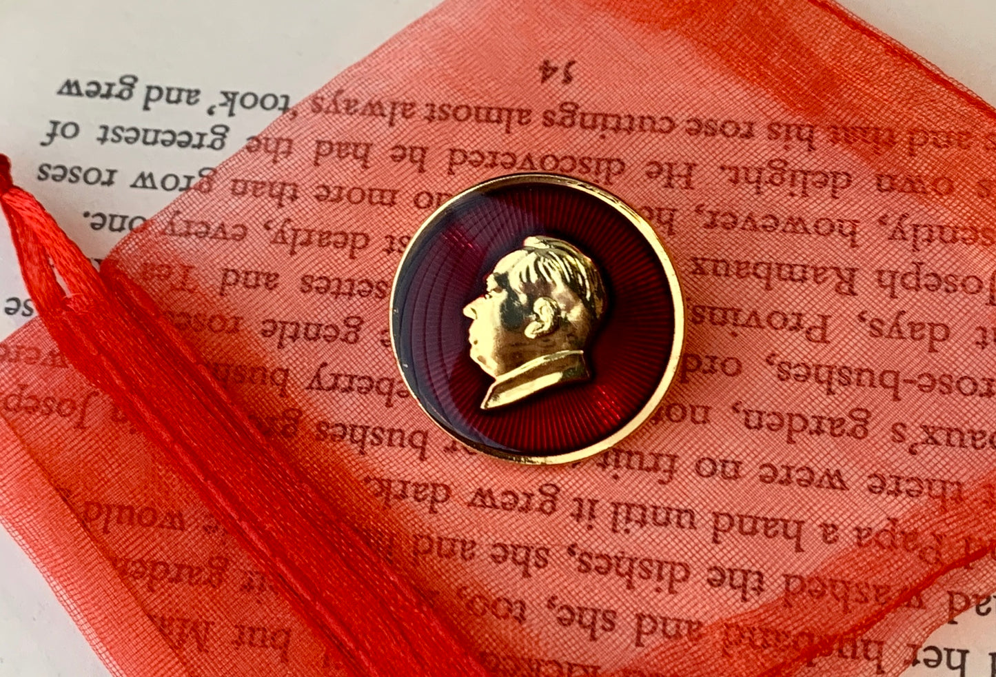 Chairman Mao Profile Prismatic Ruby Red and Gold Enamel Pin Badge