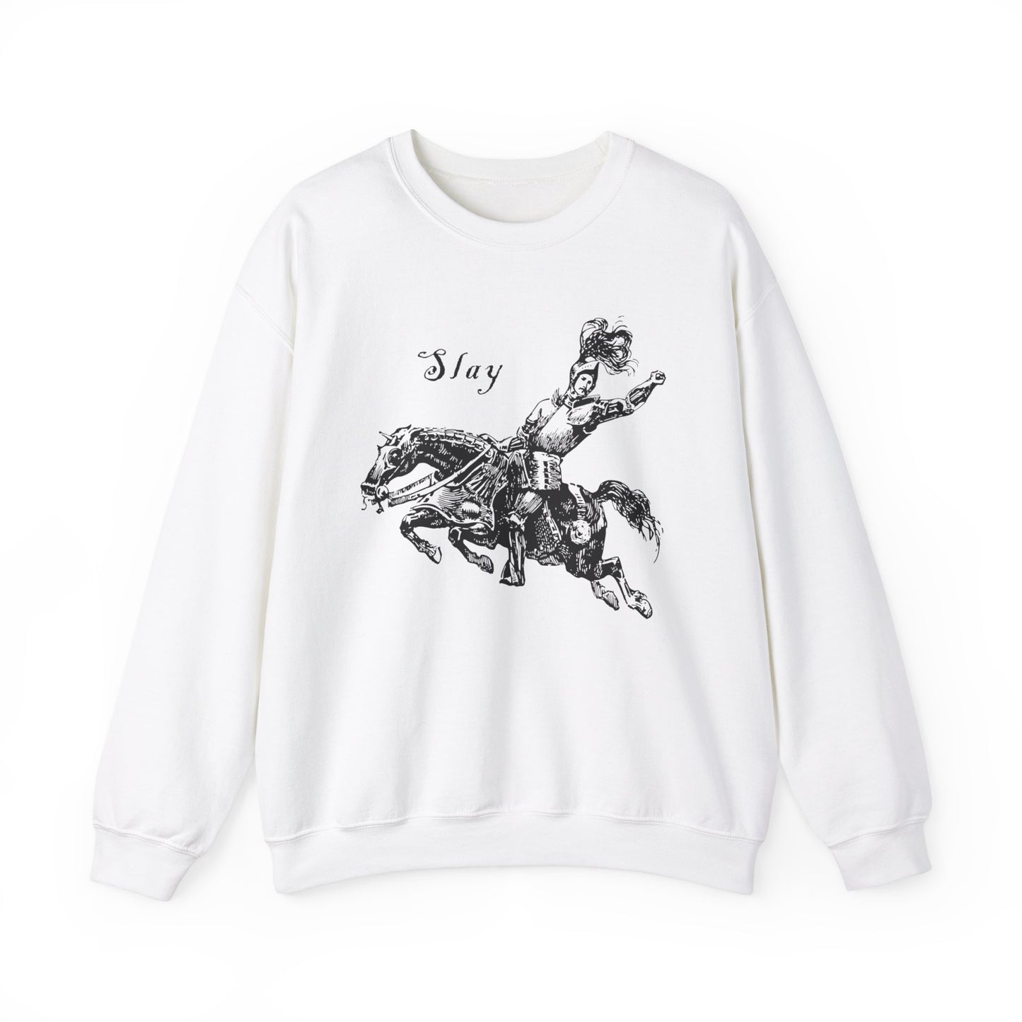 LGBTQ Plus Slay Knight on Galloping Charger Gay Lesbian Bi Trans Queer Warrior and Horse Medieval Print Heavy Blend™ Crewneck Sweatshirt