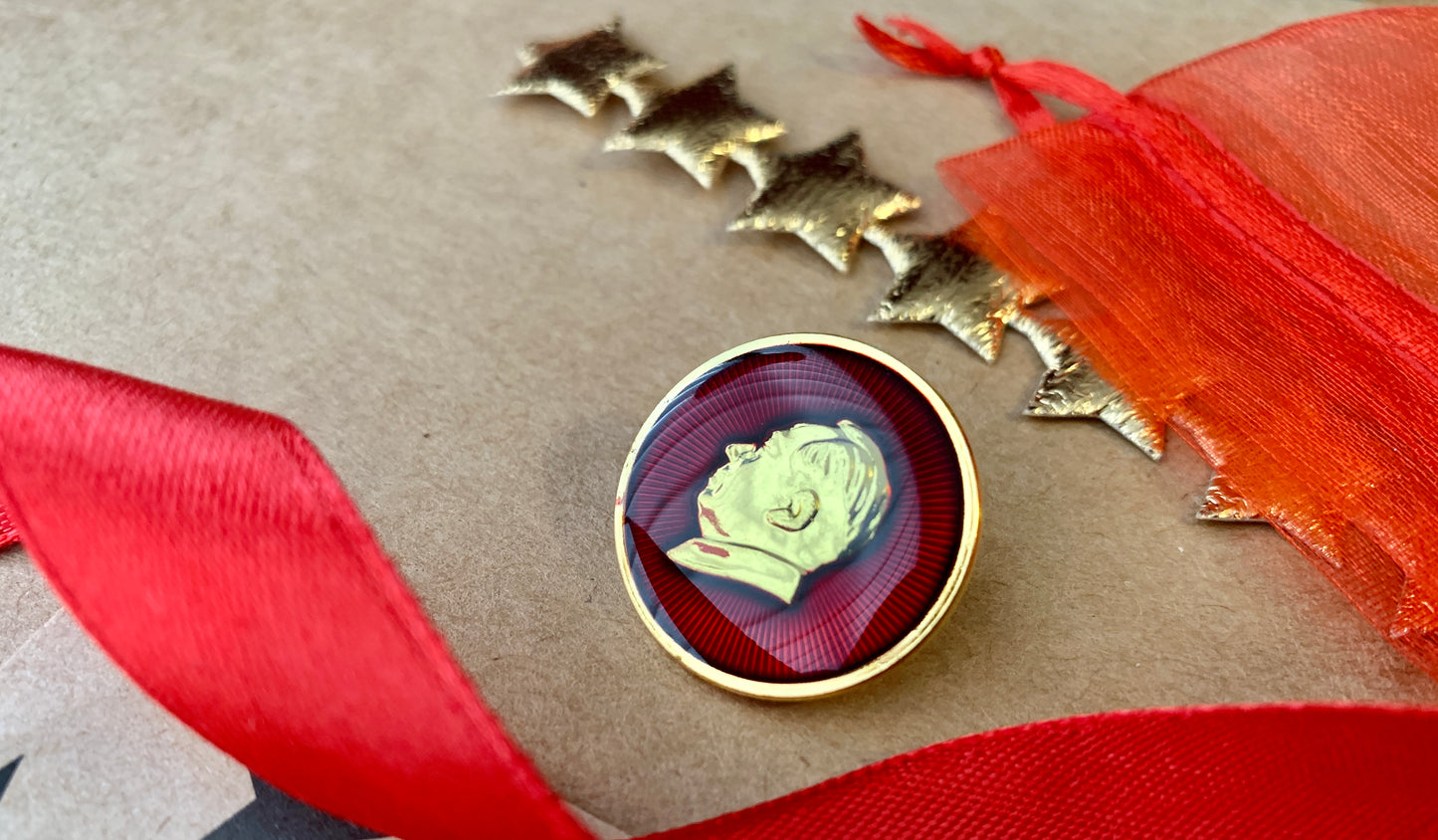 Chairman Mao Profile Prismatic Ruby Red and Gold Enamel Pin Badge