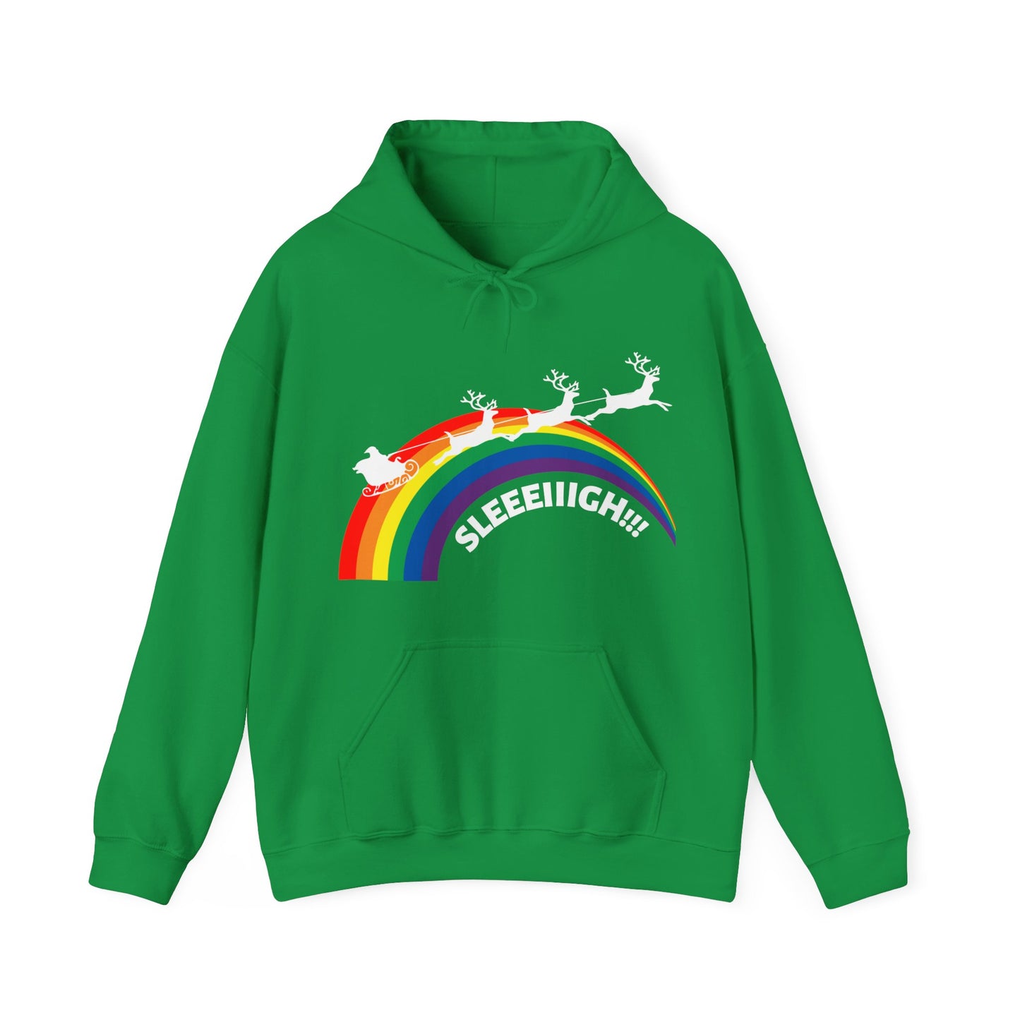 Santa with Reindeer and Sleigh LGBTQ Plus Rainbow Sleeeiiigh! Gay Christmas Hoodie Unisex Heavy Blend™ Hooded Sweatshirt