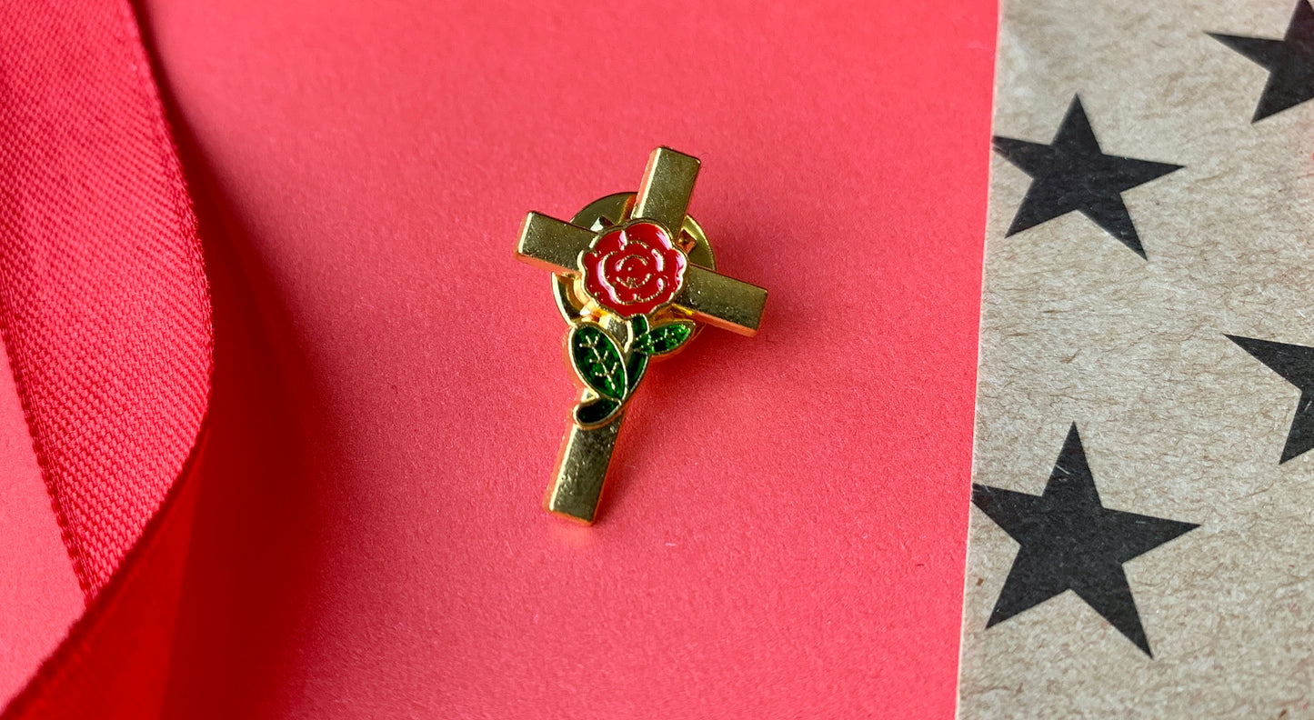 Christian Socialist Cross with Red Rose Antique Style Effect Leftist Enamel Pin Badge