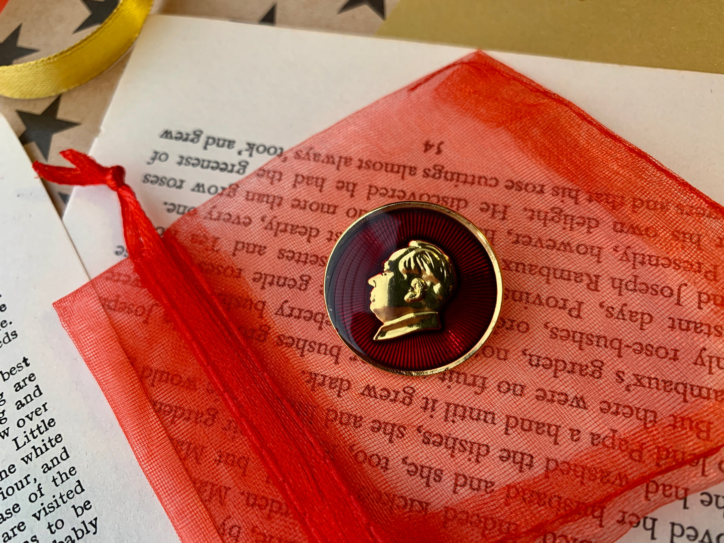 Chairman Mao Profile Prismatic Ruby Red and Gold Enamel Pin Badge