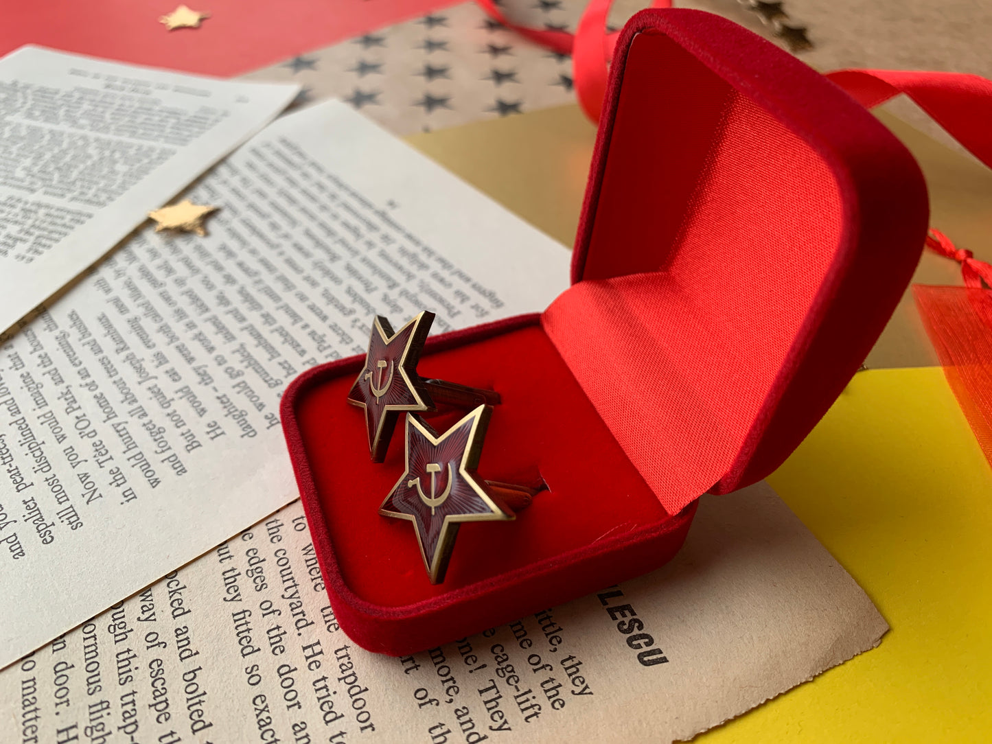 Leftist Red Star Socialist Hammer and Sickle Antique Style Gold and Prismatic Ruby Red Communist Cufflinks