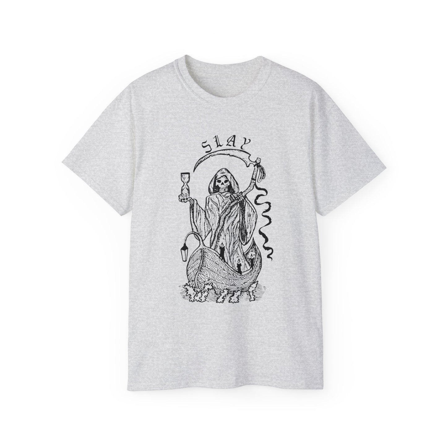 LGBTQ Plus Slay Grim Reaper Crossing The River Styx The Ferry Man with Scythe Gay Lesbian Trans Drag Pride Unisex Ultra Cotton Tee
