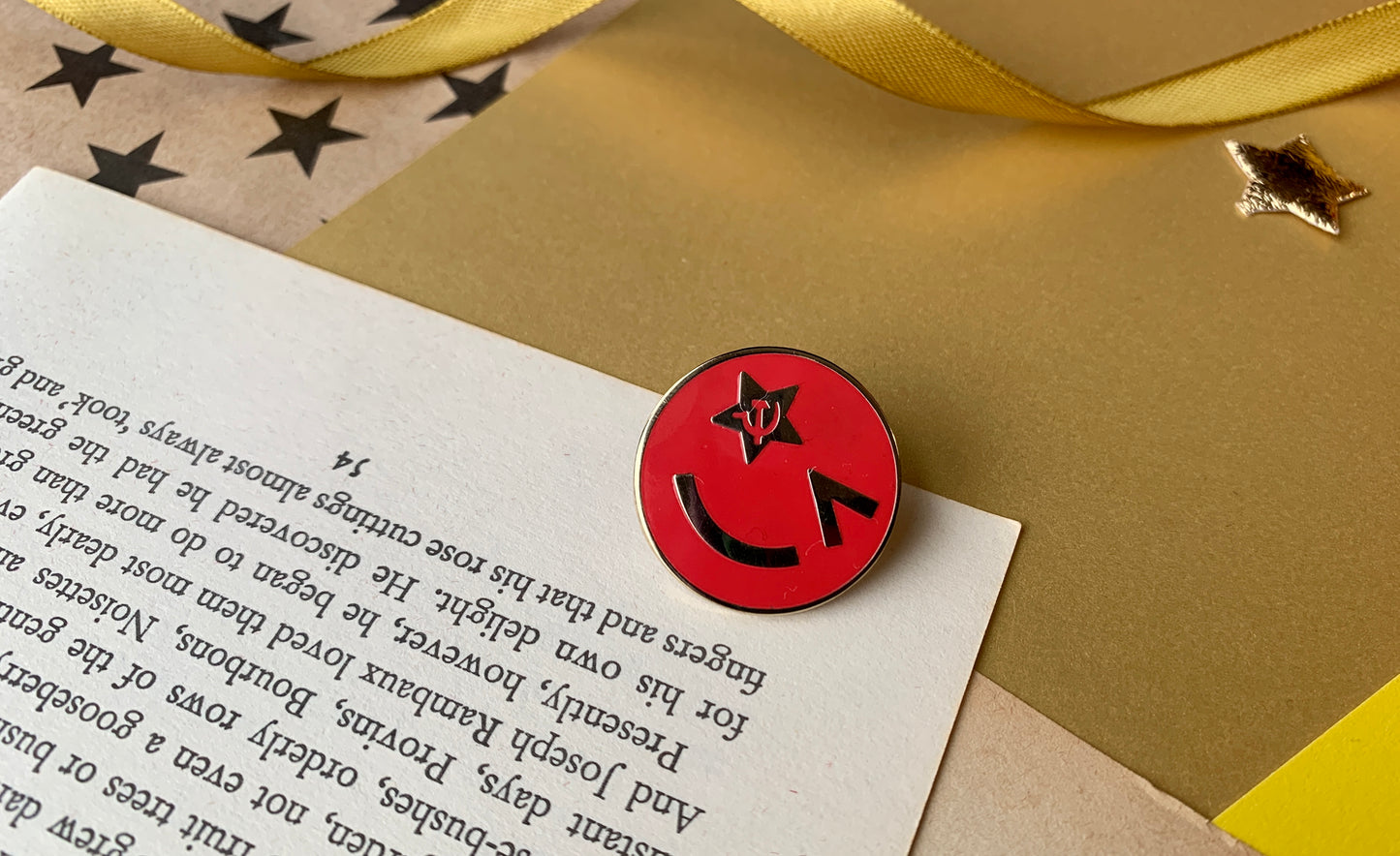 Leftist Hammer and Sickle Smiling Face Emoji Socialist Enamel Pin Badge