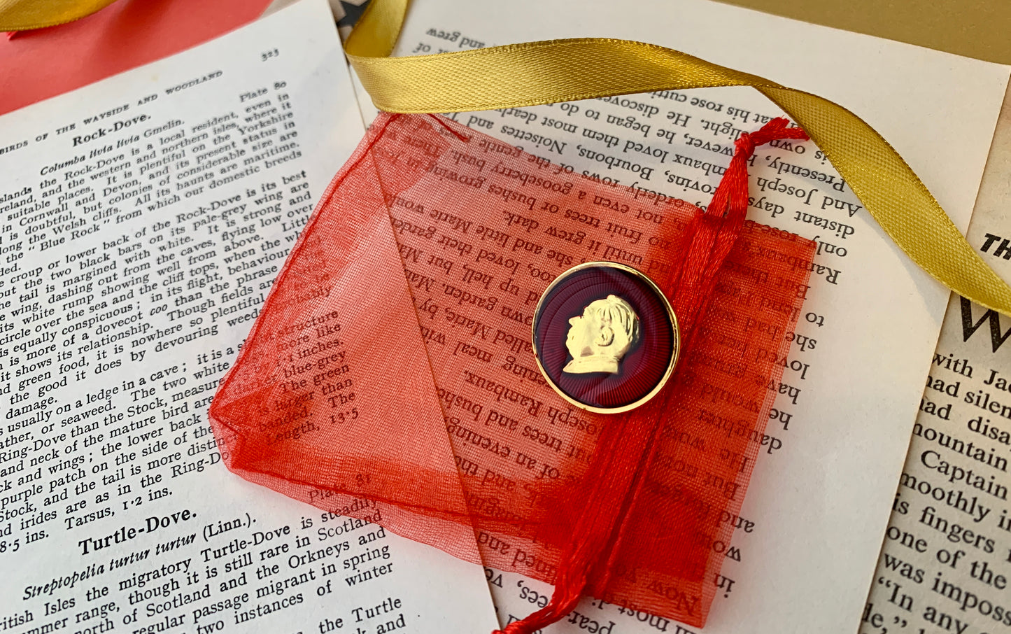 Chairman Mao Profile Prismatic Ruby Red and Gold Enamel Pin Badge