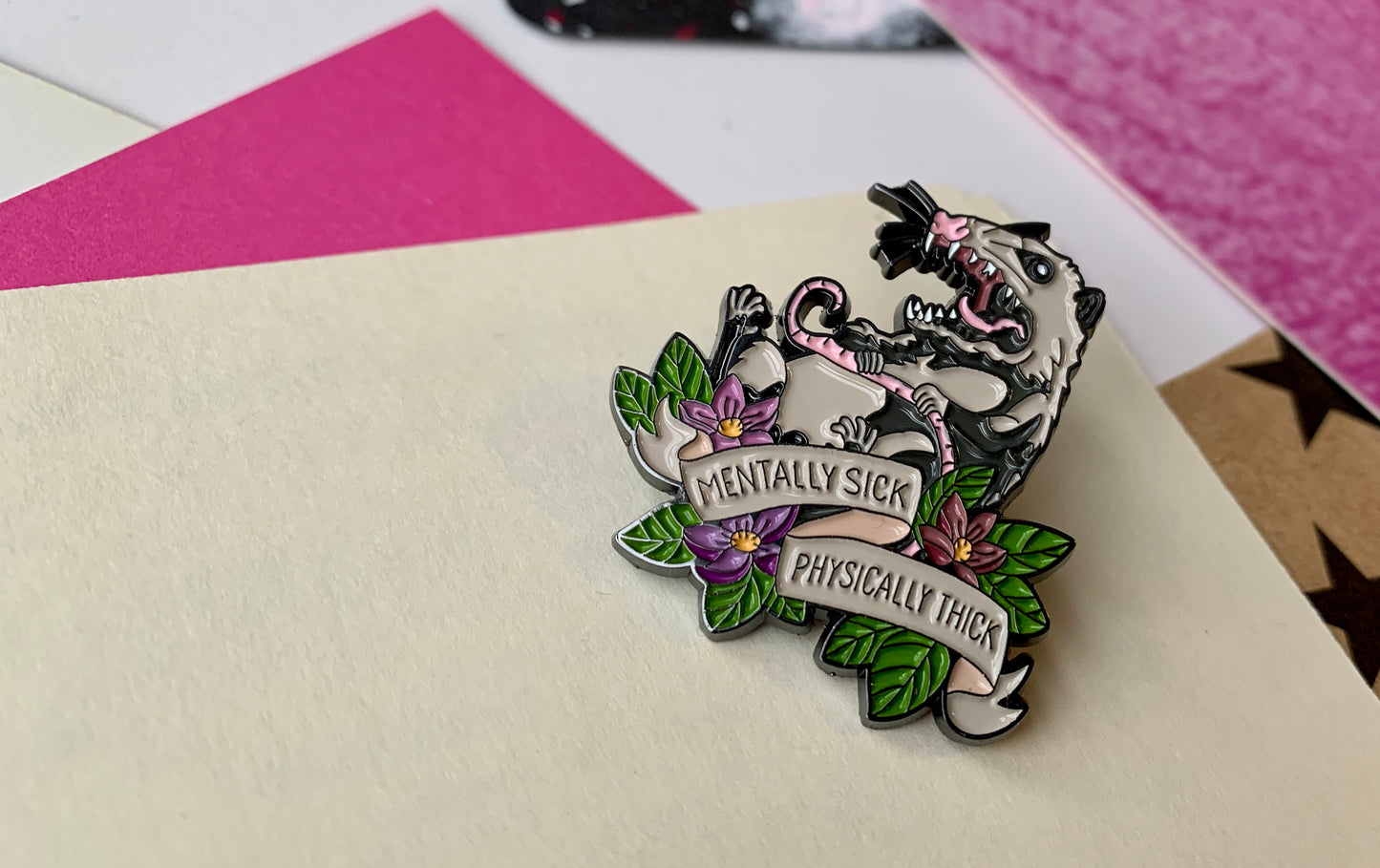 Mentally Sick Physically Thick Possum Meme Mental Health Body Positivity Enamel Pin Badge