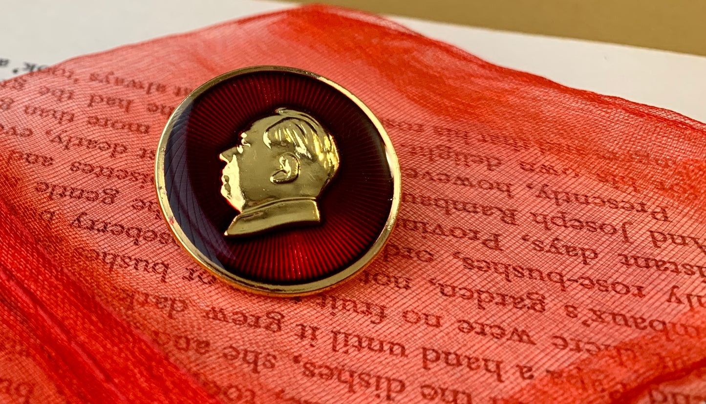 Chairman Mao Profile Prismatic Ruby Red and Gold Enamel Pin Badge