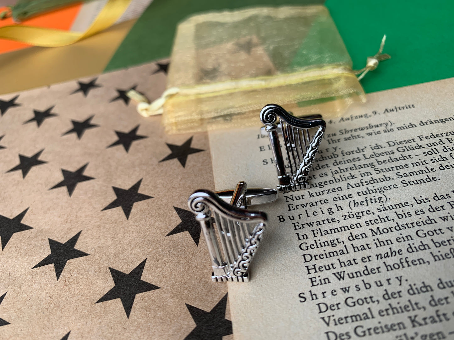 Irish Harp Silver Metal Erin go Bragh St Patrick’s Day Cufflinks