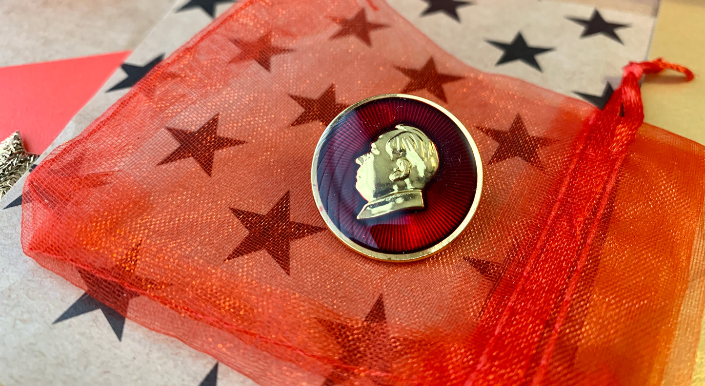 Chairman Mao Profile Prismatic Ruby Red and Gold Enamel Pin Badge