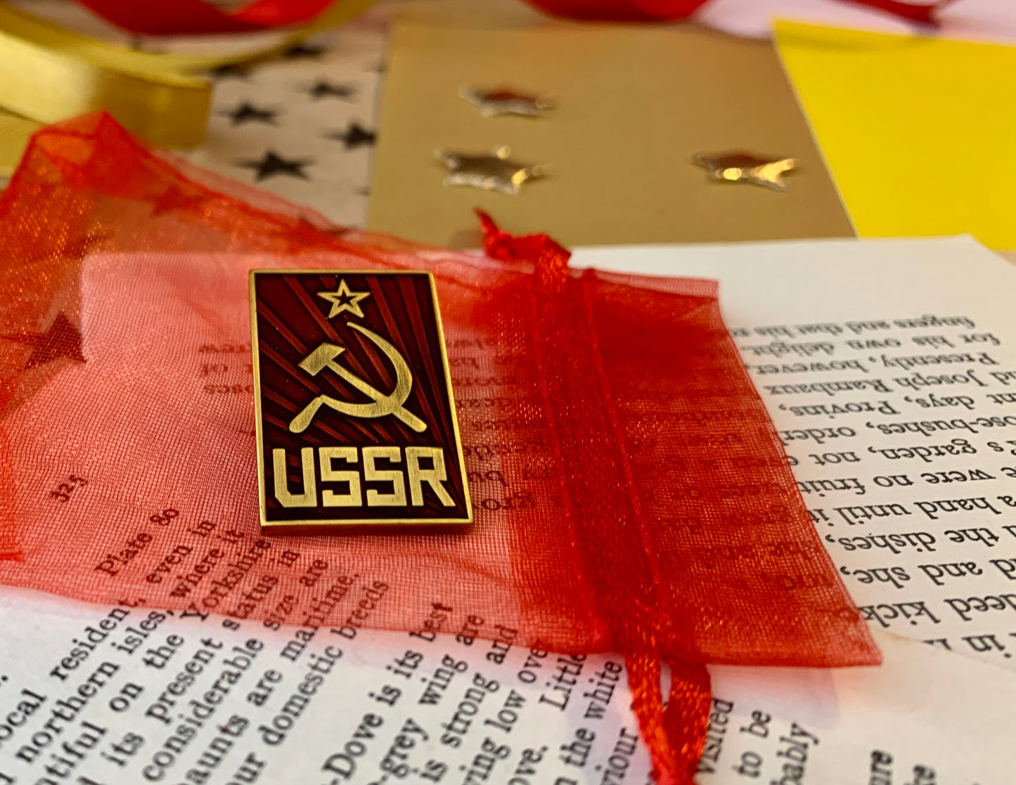 Communist USSR Hammer and Sickle with Ruby Red Sunburst Enamel Pin Badge