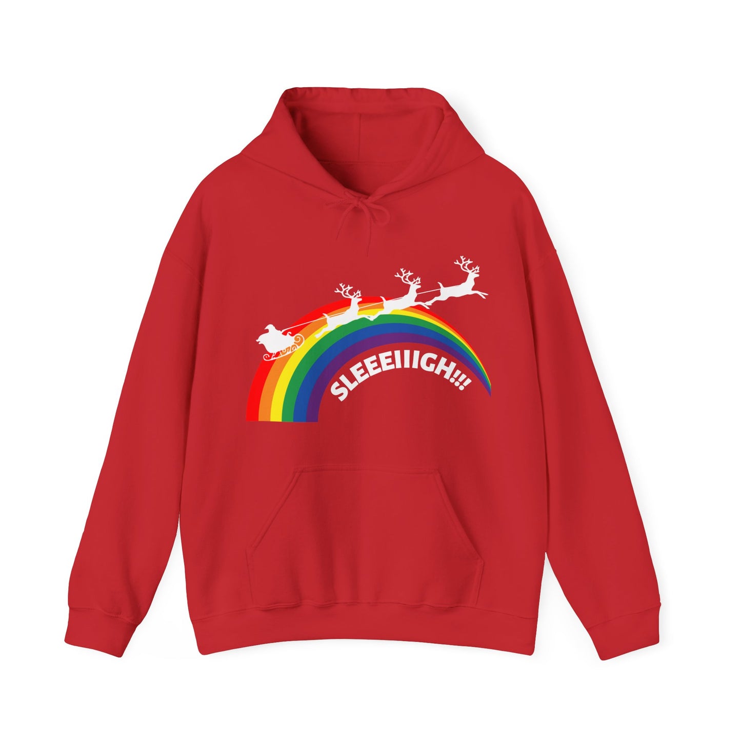 Santa with Reindeer and Sleigh LGBTQ Plus Rainbow Sleeeiiigh! Gay Christmas Hoodie Unisex Heavy Blend™ Hooded Sweatshirt