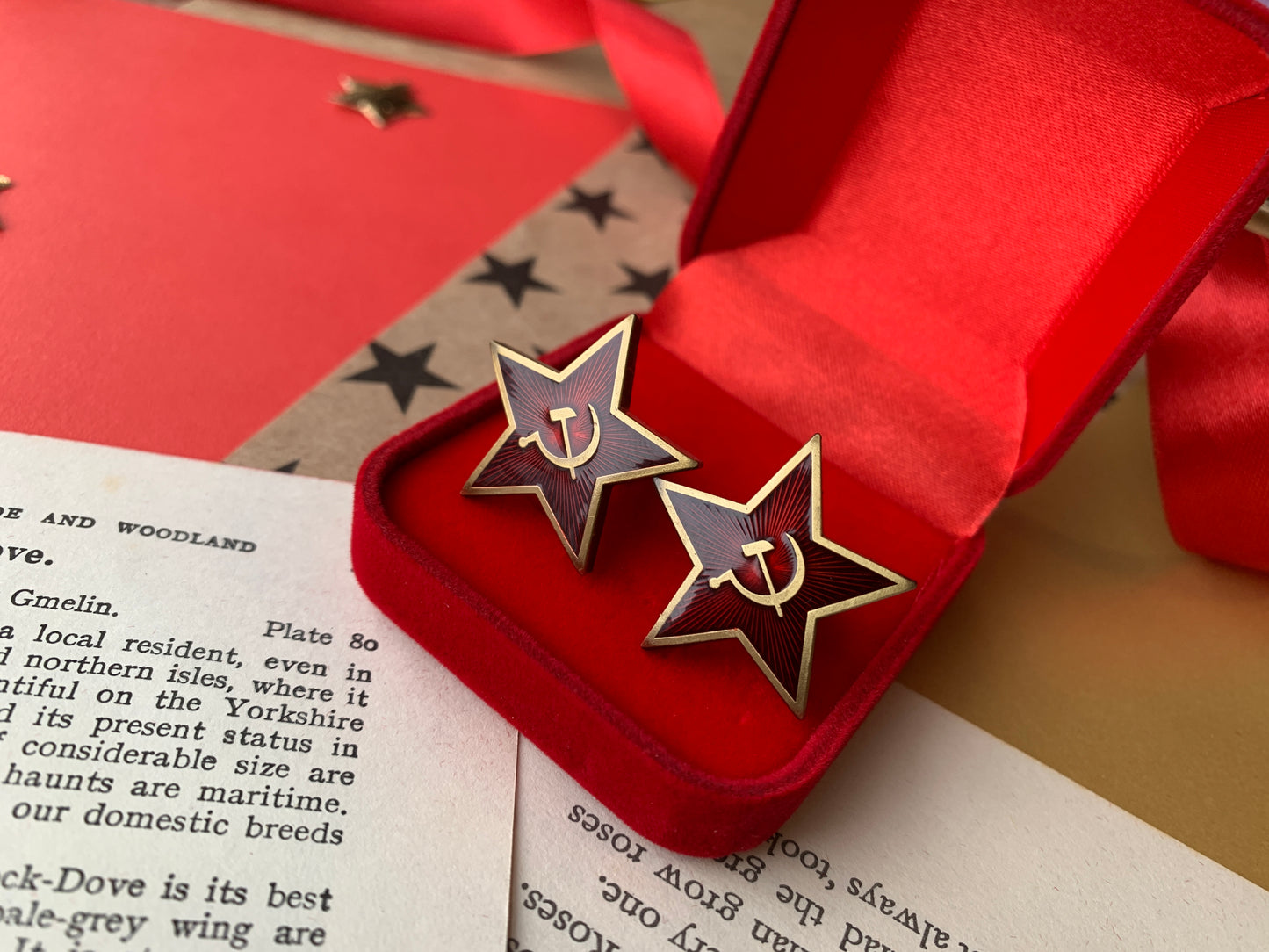Leftist Red Star Socialist Hammer and Sickle Antique Style Gold and Prismatic Ruby Red Communist Cufflinks