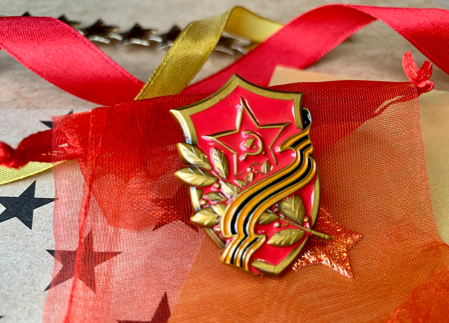 Soviet Union Red Star Hammer and Sickle Shield with Wheat and Order of St George Ribbon Enamel Pin Badge