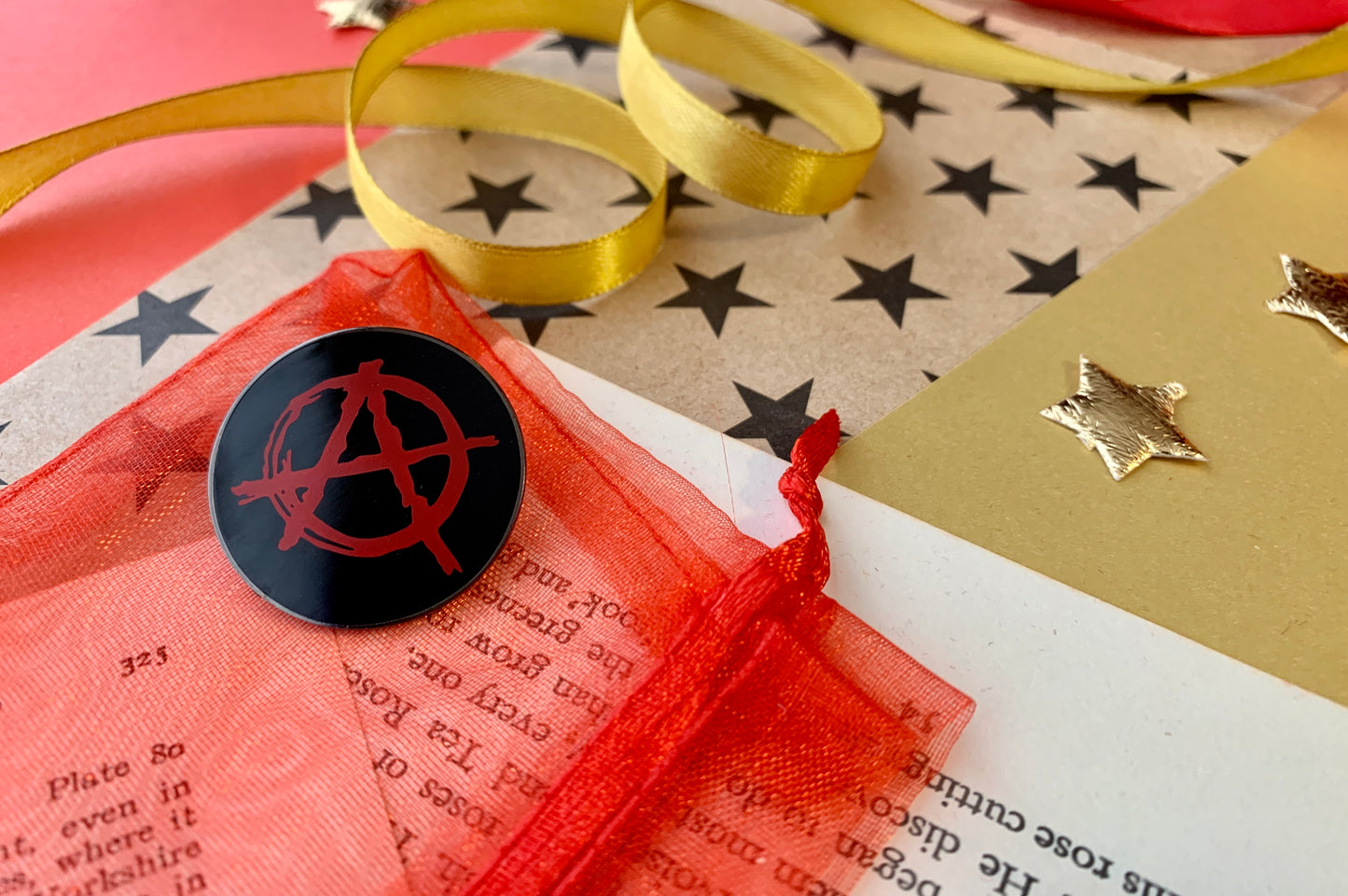 Red Anarchy A on Black Background Metal Pin Badge
