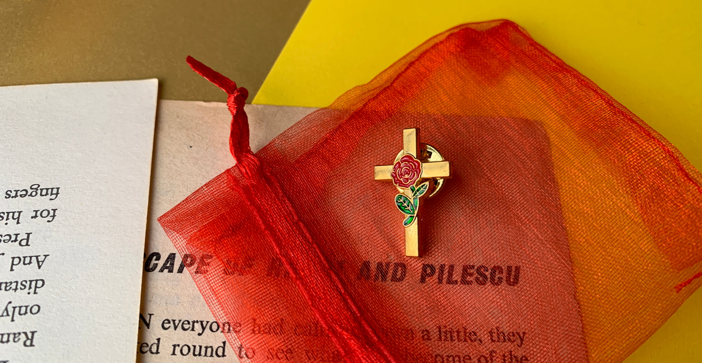 Christian Socialist Cross with Red Rose Antique Style Effect Leftist Enamel Pin Badge