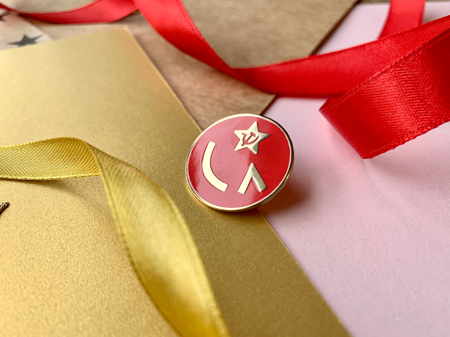 Leftist Hammer and Sickle Smiling Face Emoji Socialist Enamel Pin Badge