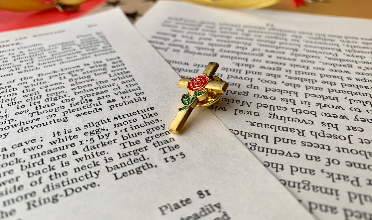 Christian Socialist Cross with Red Rose Antique Style Effect Leftist Enamel Pin Badge