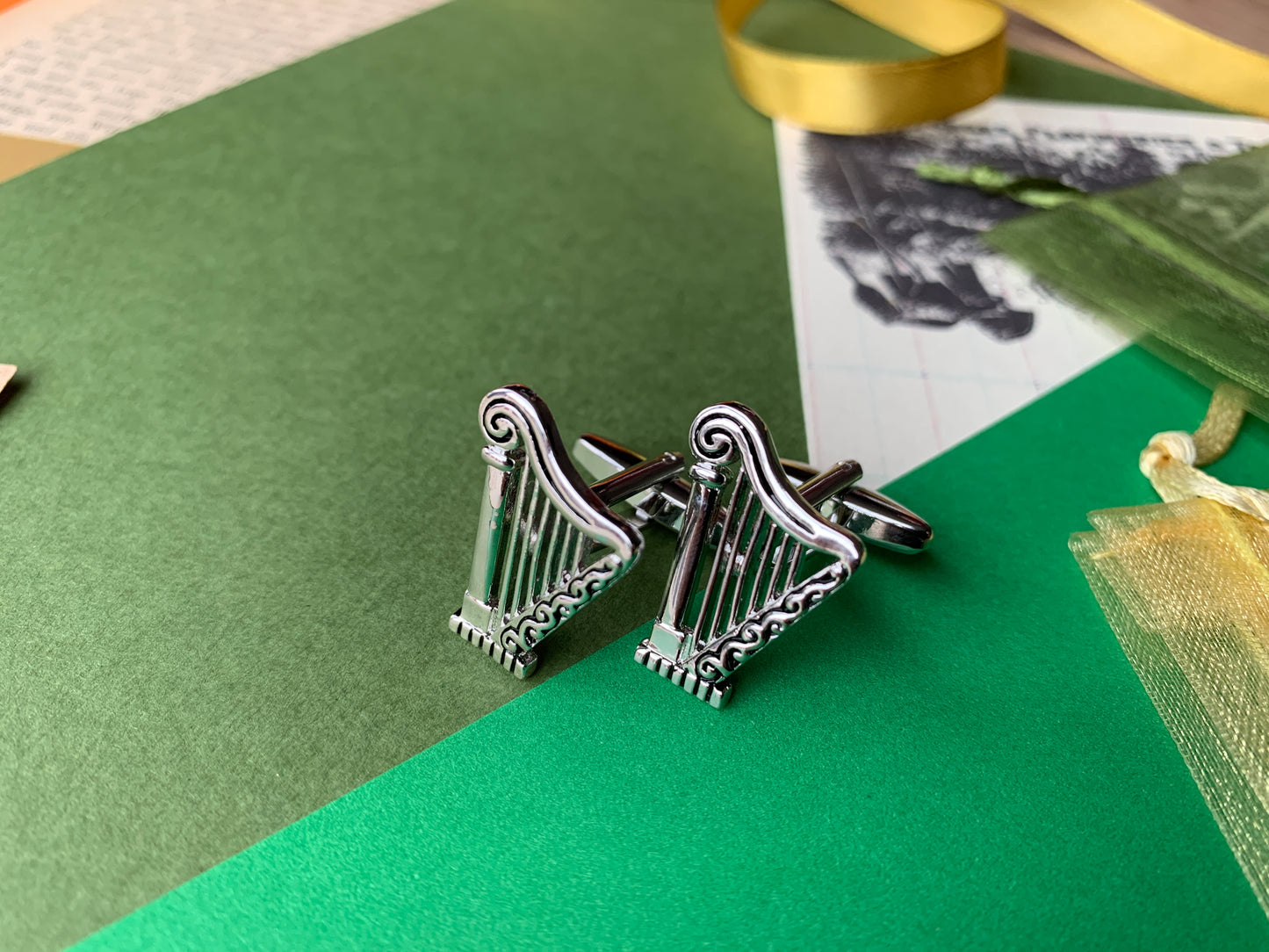 Irish Harp Silver Metal Erin go Bragh St Patrick’s Day Cufflinks