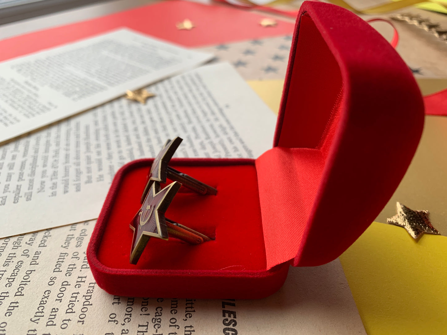 Leftist Red Star Socialist Hammer and Sickle Antique Style Gold and Prismatic Ruby Red Communist Cufflinks