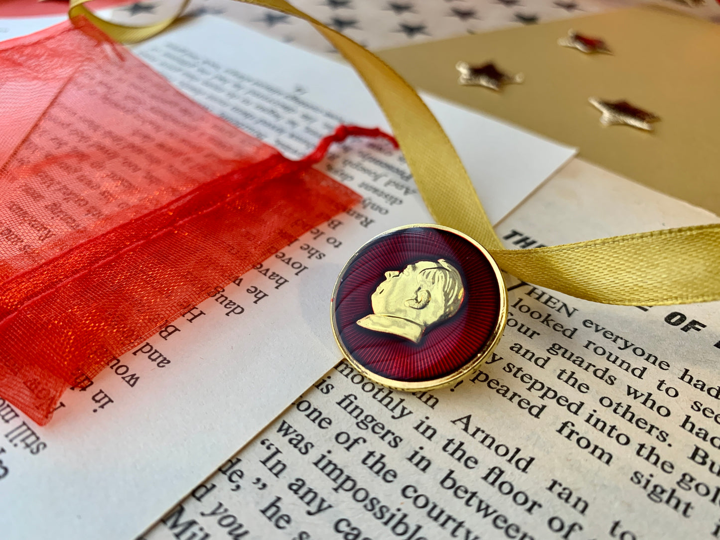 Chairman Mao Profile Prismatic Ruby Red and Gold Enamel Pin Badge