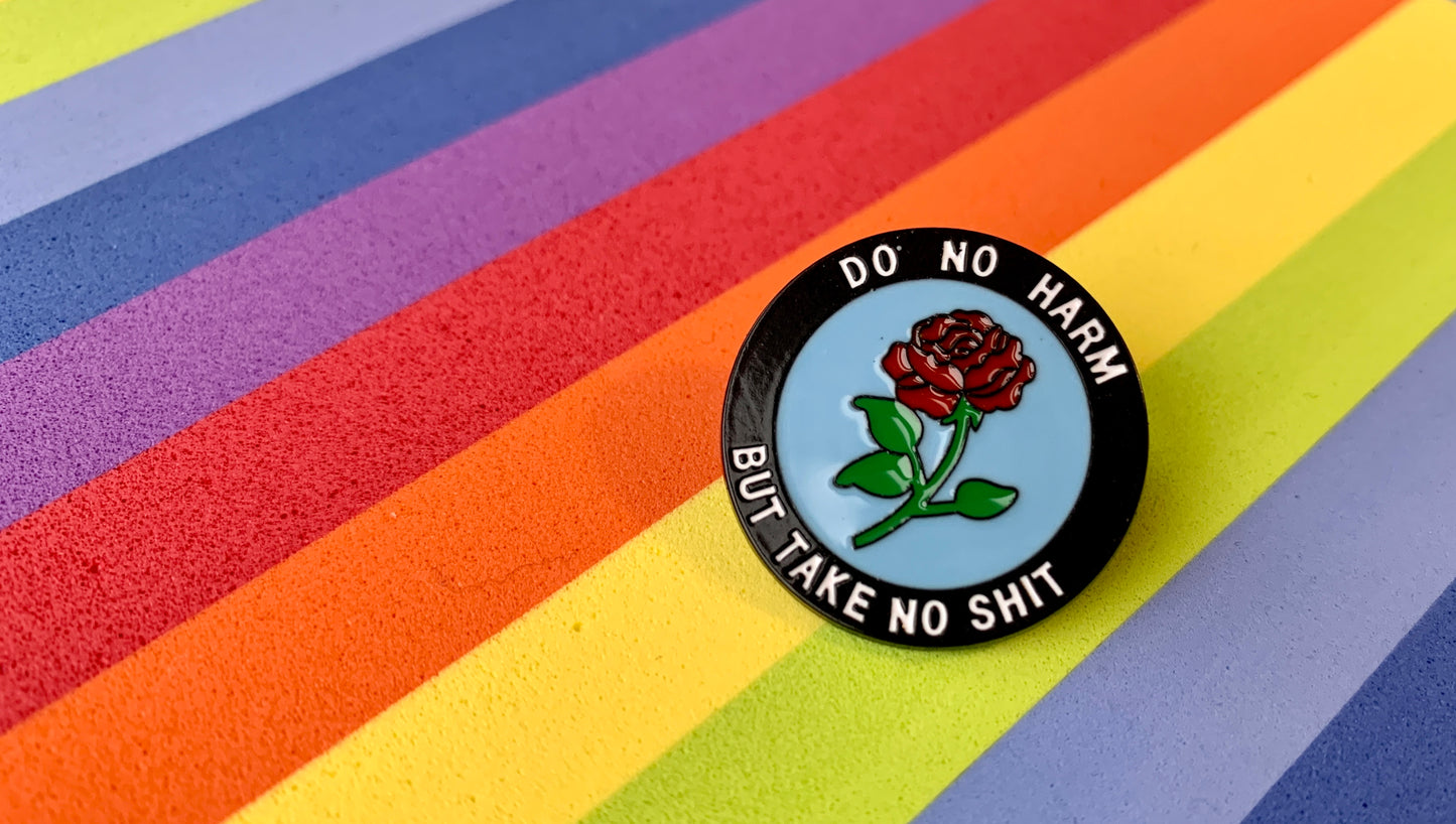 Leftist Red Rose Socialist Do No Harm But Take No Shit Blue and Black Communist Enamel Pin Badge