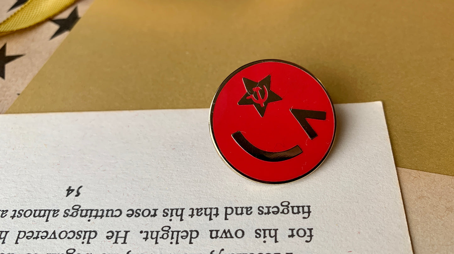 Leftist Hammer and Sickle Smiling Face Emoji Socialist Enamel Pin Badge