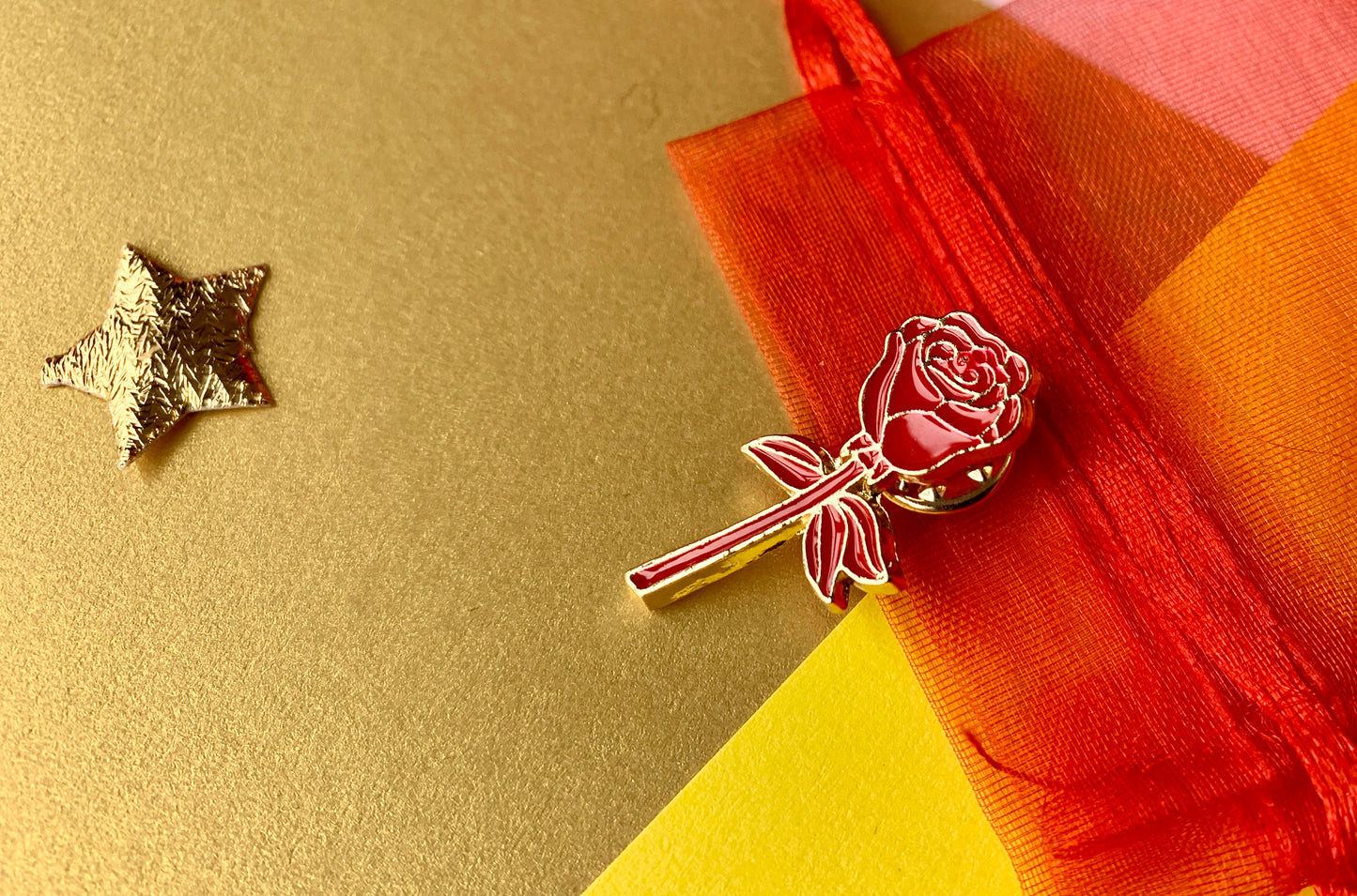 Leftist Red Rose on Gold Metal Socialist Enamel Pin Badge