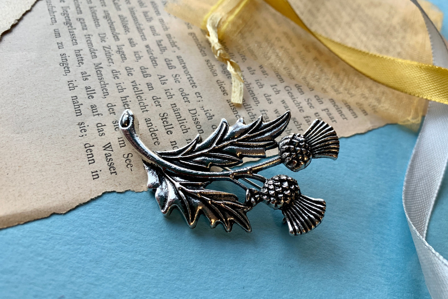 Scottish Twin Thistle Silver Metal Pin Badge Brooch