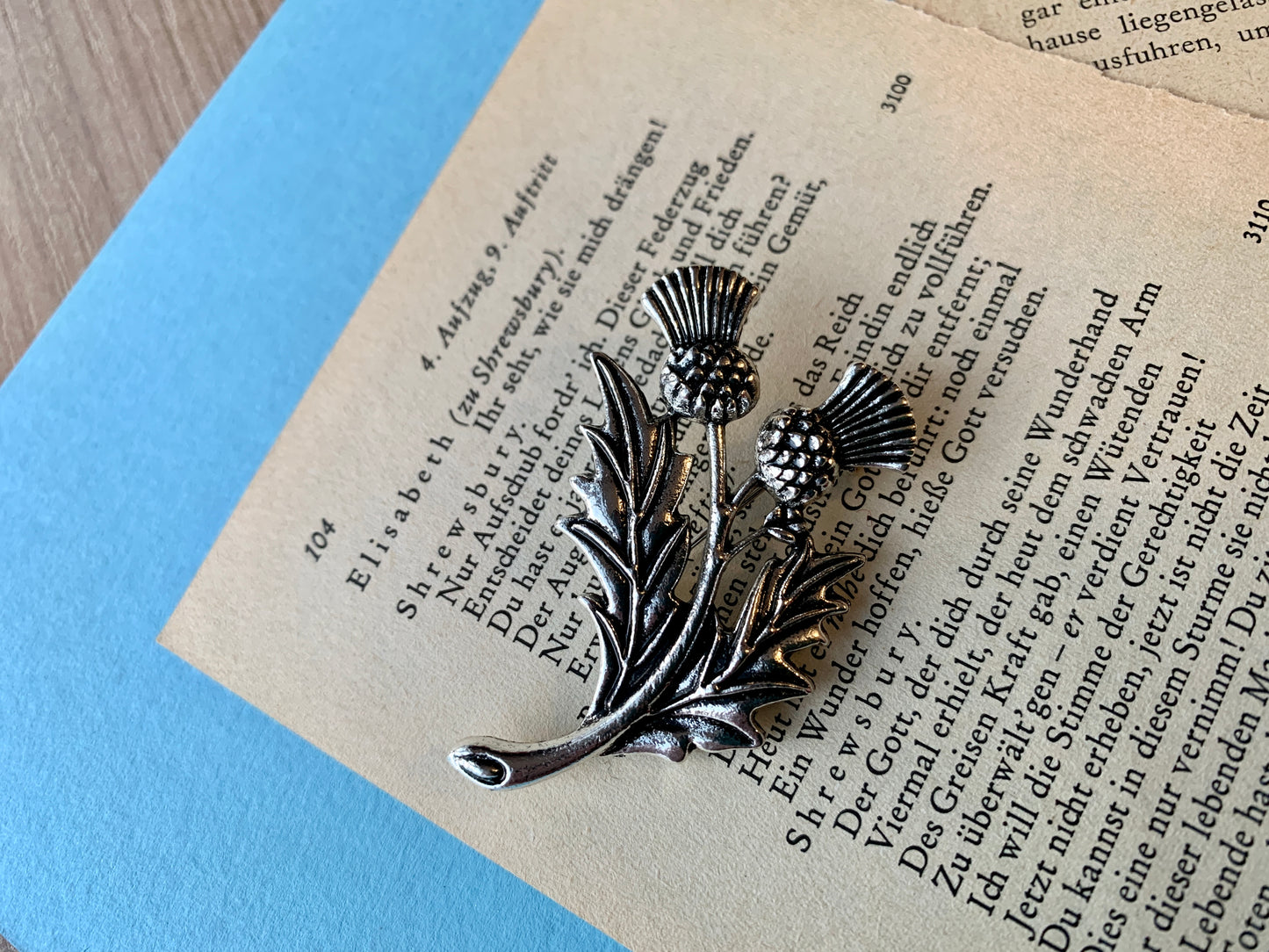 Scottish Twin Thistle Silver Metal Pin Badge Brooch