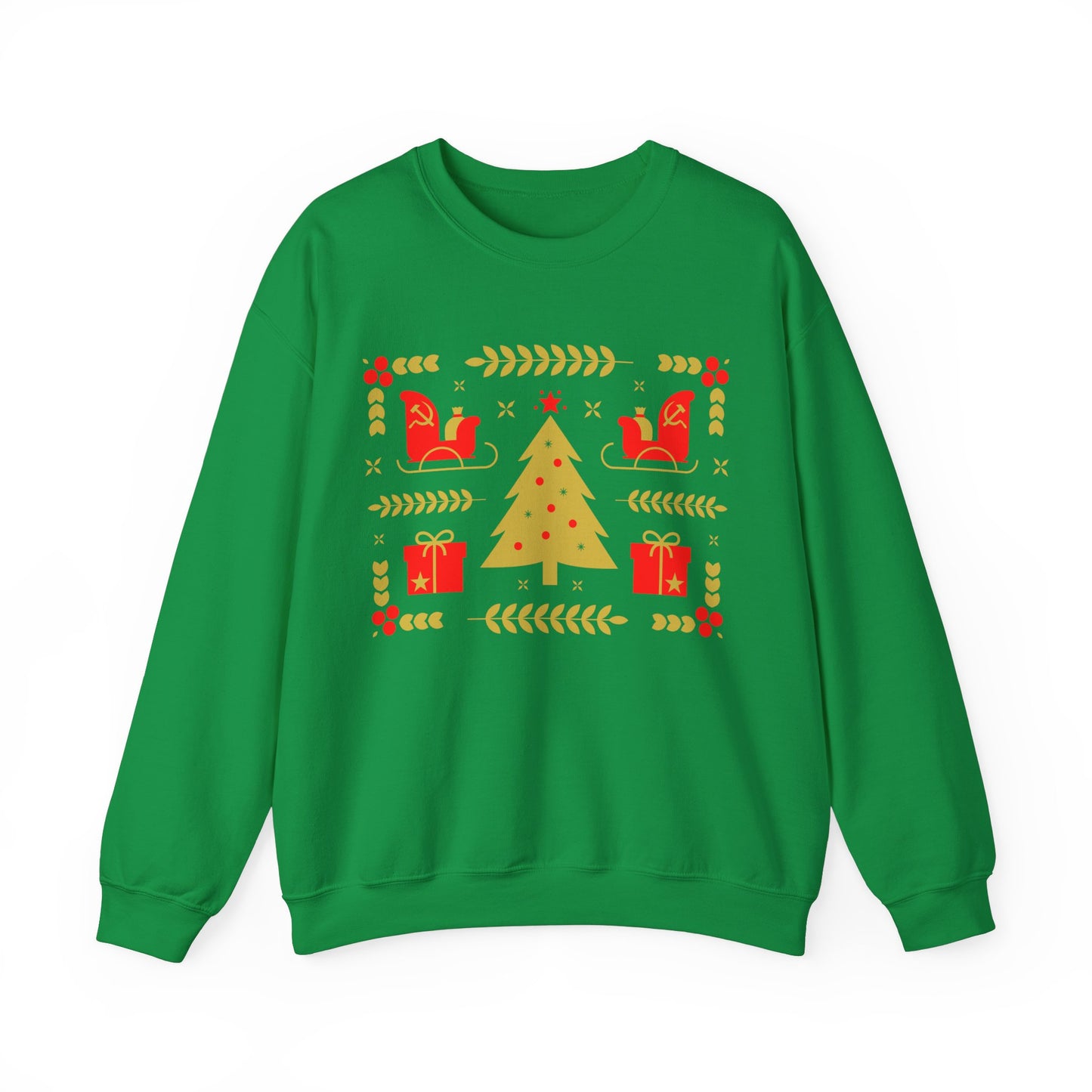 Communist Christmas Sweater with Tree Sleigh and Gifts Hammer and Sickle Socialist Christmas Unisex Heavy Blend Crewneck Sweatshirt