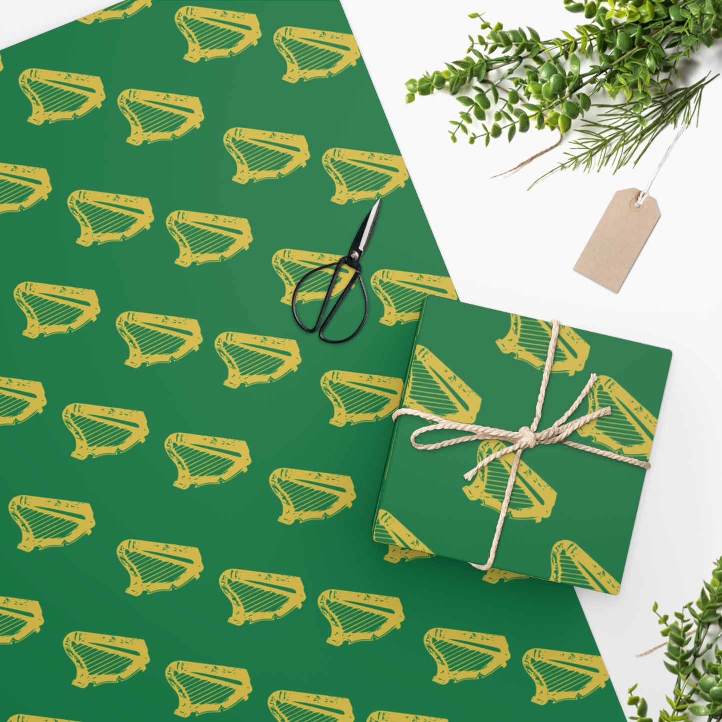 Irish Green with Golden Harps Wrapping Paper Erin go Bragh Birthday Christmas Ireland Gift Wrap