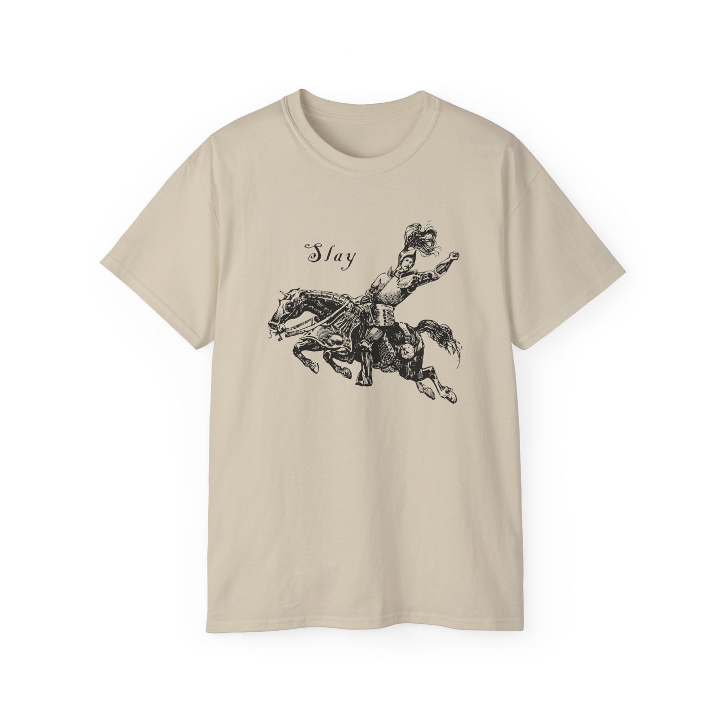 LGBTQ Plus Slay Knight on Galloping Charger Gay Lesbian Bi Trans Queer Warrior and Horse Medieval Print Unisex Ultra Cotton Tee