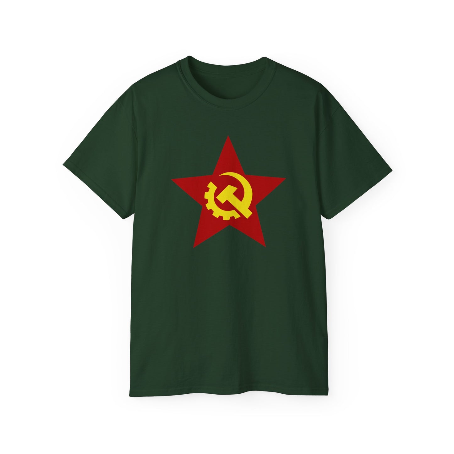 Communist Red Star with Yellow Industrial Style Soviet Hammer and Sickle Socialist Unisex Ultra Cotton Tee