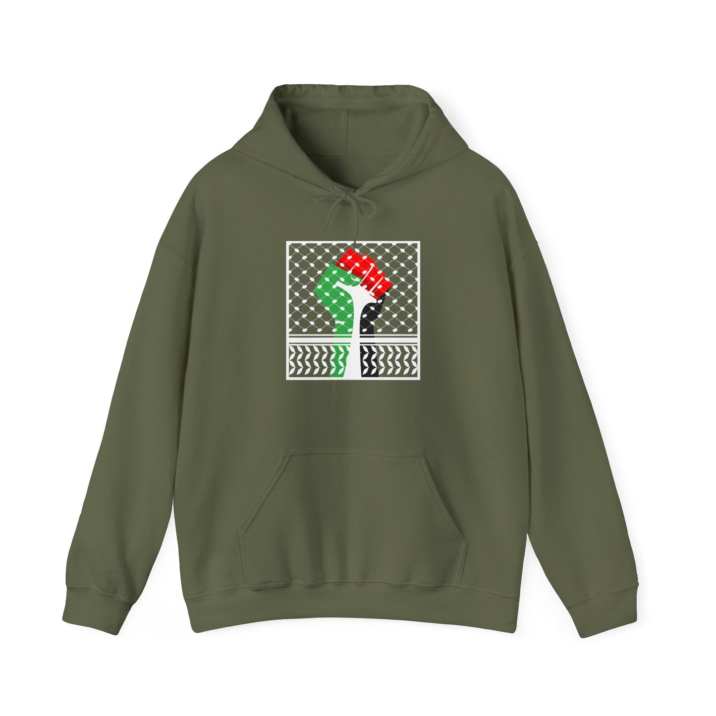 Palestine Solidarity Fist in Palestinian Flag Colours with Keffiyeh Style Design Free Palestine Free Gaza Heavy Blend™ Hooded Sweatshirt