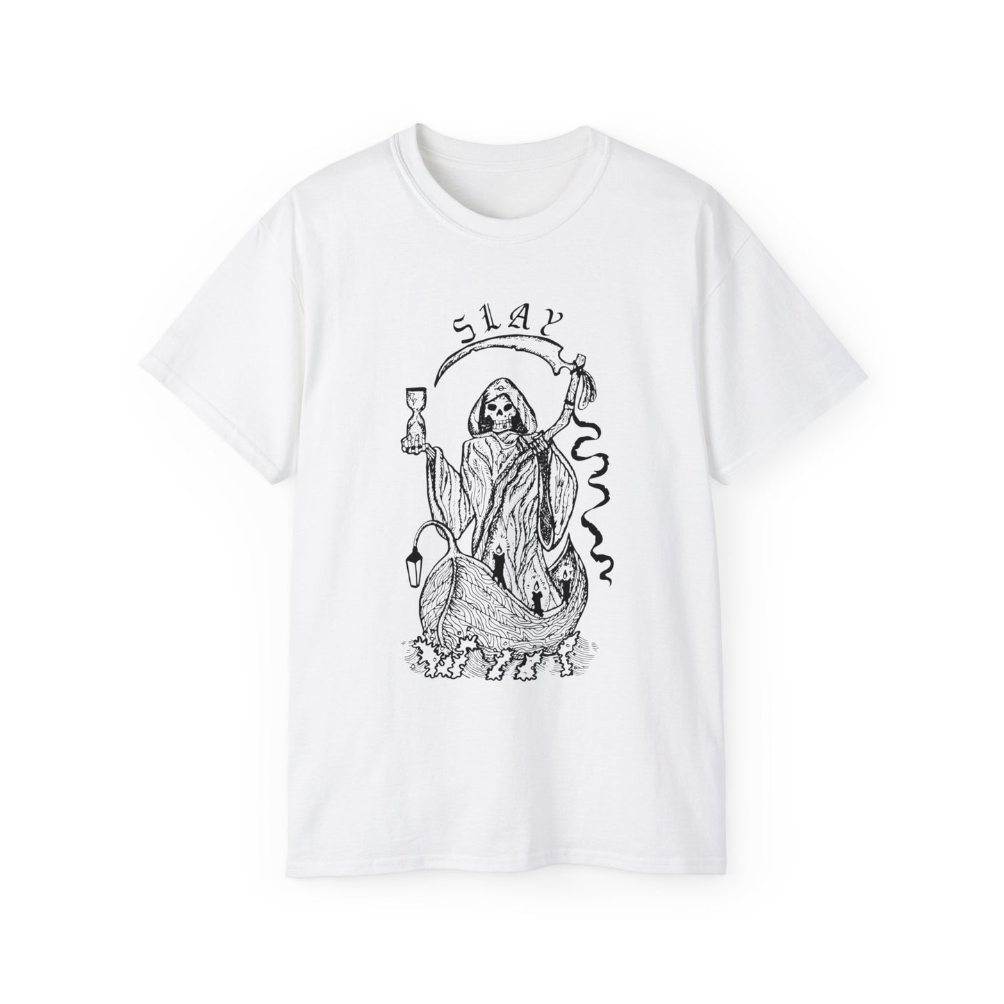 LGBTQ Plus Slay Grim Reaper Crossing The River Styx The Ferry Man with Scythe Gay Lesbian Trans Drag Pride Unisex Ultra Cotton Tee