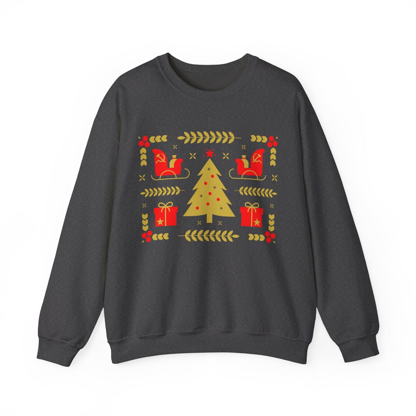 Communist Christmas Sweater with Tree Sleigh and Gifts Hammer and Sickle Socialist Christmas Unisex Heavy Blend Crewneck Sweatshirt