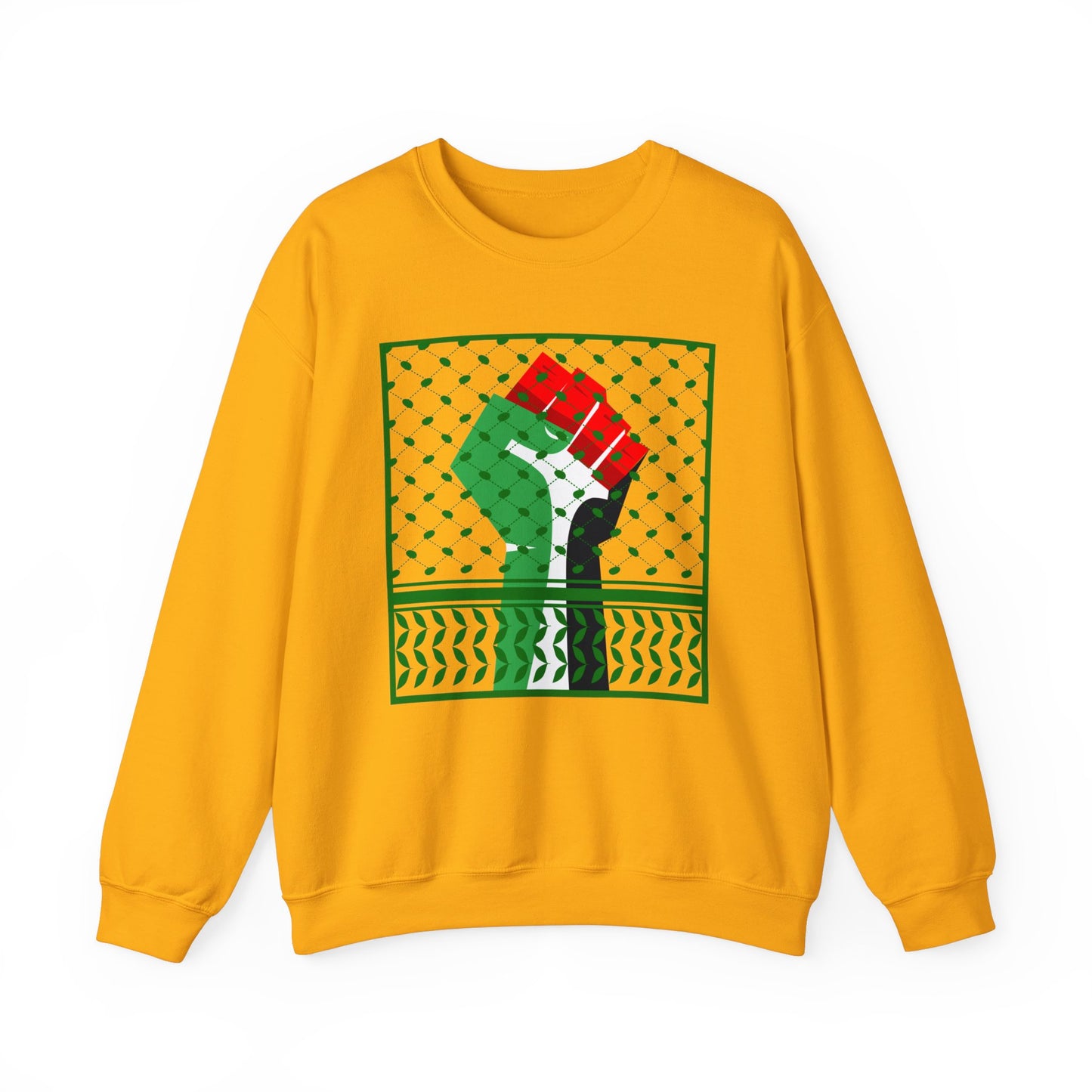 Palestine Solidarity Fist in Palestinian Flag Colours with Keffiyeh Style Design Free Palestine Free Gaza Heavy Blend™ Crewneck Sweatshirt