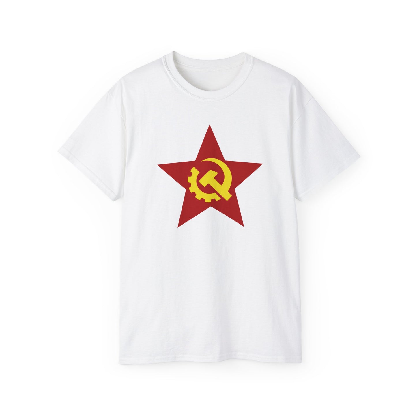 Communist Red Star with Yellow Industrial Style Soviet Hammer and Sickle Socialist Unisex Ultra Cotton Tee